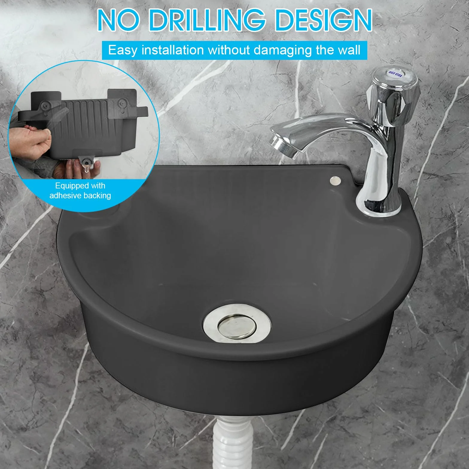 Fregadero de plástico simple con manguera y desagüe para garaje, sótano, taller, lavadero, cocina, fregadero exterior, lavabo de jardín (negro)