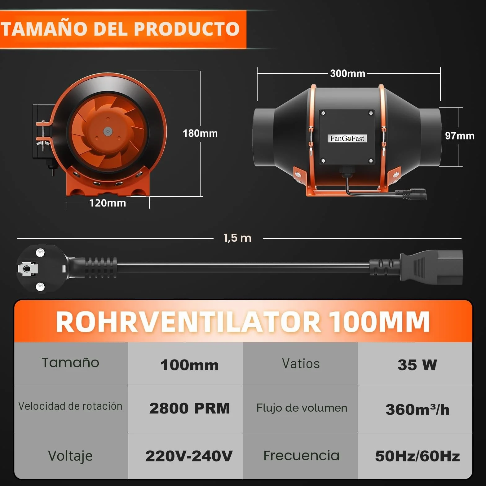 FanGoFast Extractor de Aire 100mm 360 m³/h En Línea Ventilador Extractor de Conducto con enchufe IEC