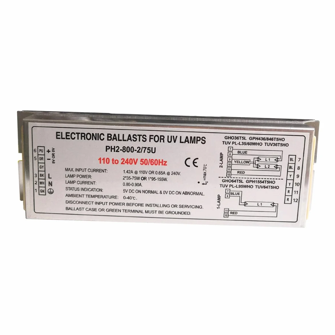 Balastos Electrónicos para UV Germicida 1 Lámpara 95W-150W O 2 Lamparas 2x35W-75W para Equipos de Tratamiento de Gases Residuales Industriales,PH12-230-800-2/75