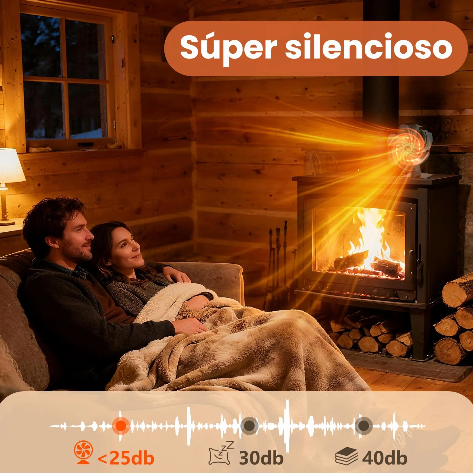 Ventilador Estufa Leña con Termómetro - 6 Cuchillas Ventilador Chimenea, Funcionamiento Silencioso, Ahorro de Energía, para Estufa de Leña o Pellets