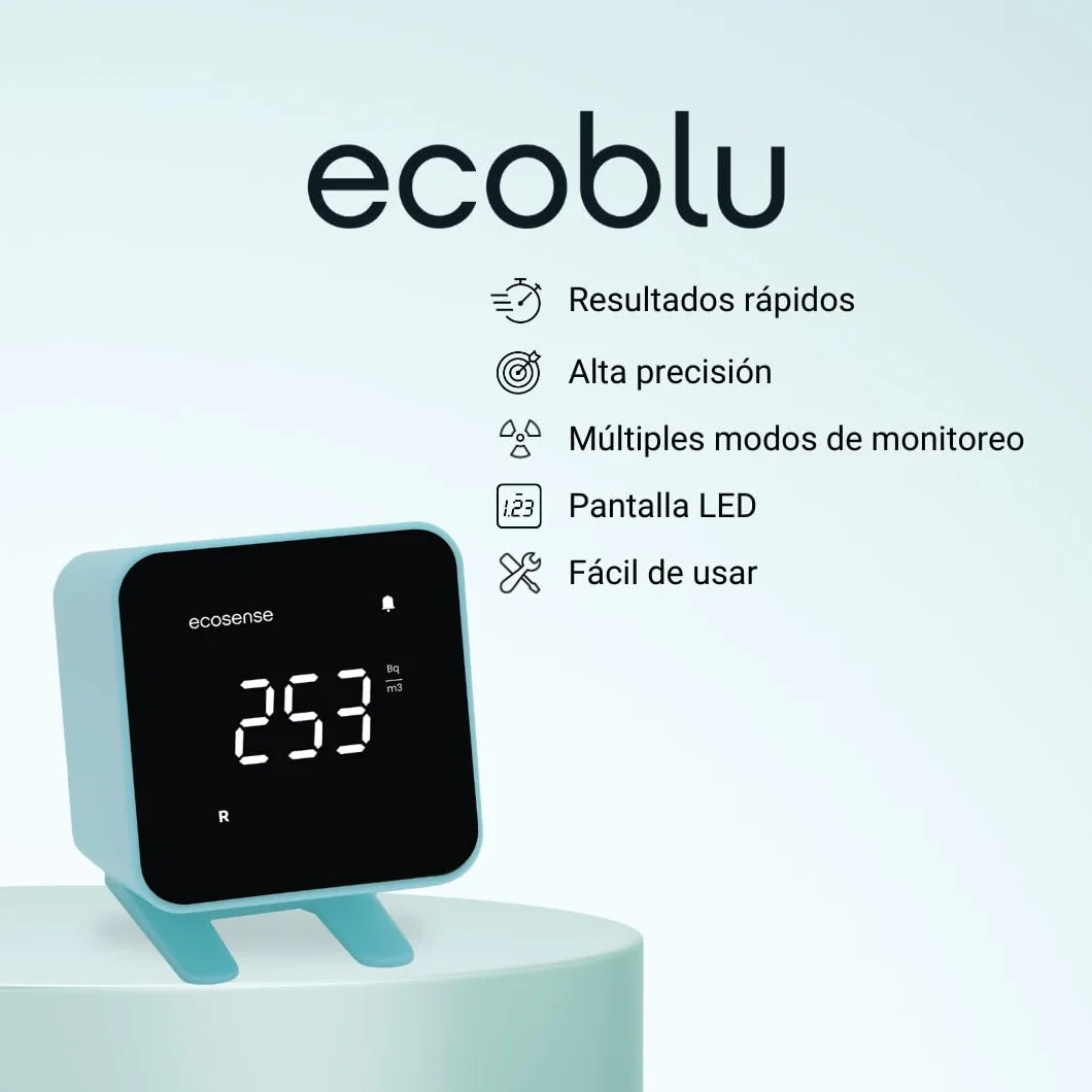 Ecosense EB100 EcoBlu, Detector de radón doméstico, captura y visualización de resultados cada 10 minutos, monitoreo continuo a corto y largo plazo, fácil de usar