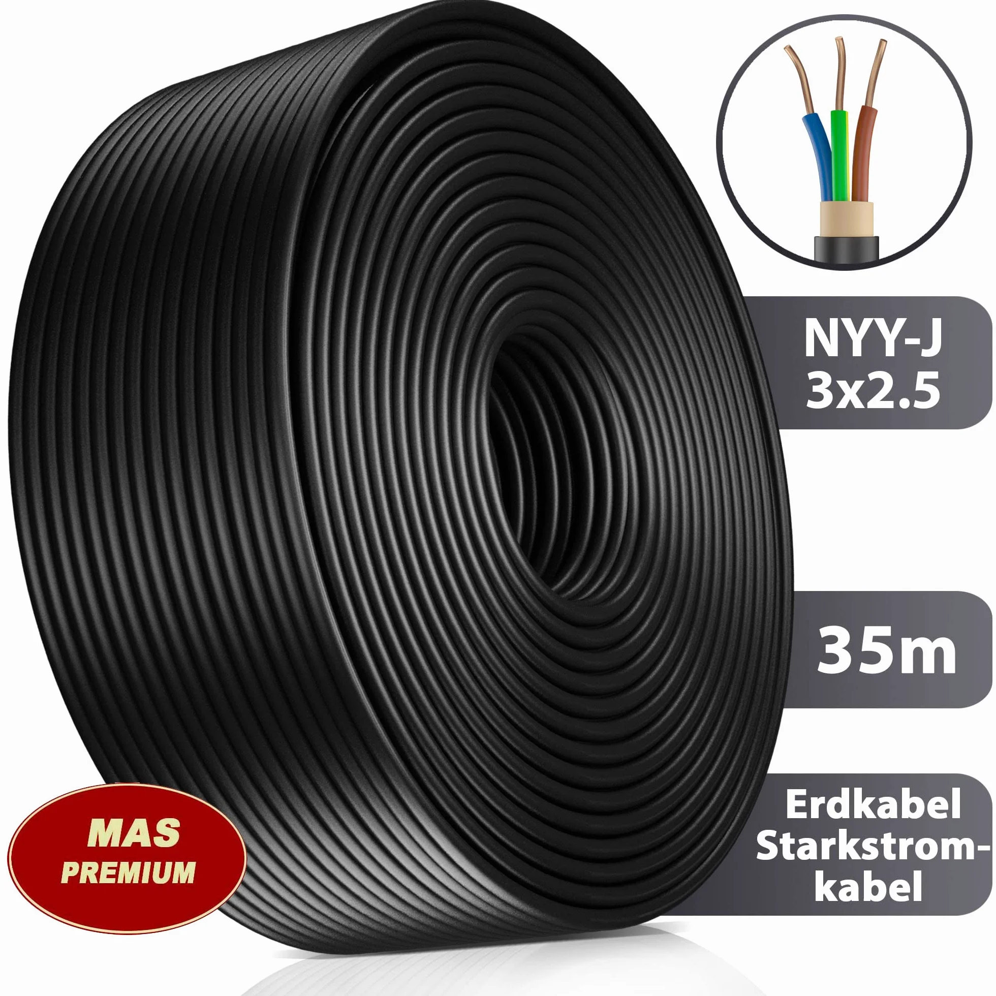 Cable de alimentación subterráneo de 5 a 100 m, NYY-J 3x2,5mm², anillo de cable eléctrico para instalación al aire libre, tierra (35 m)
