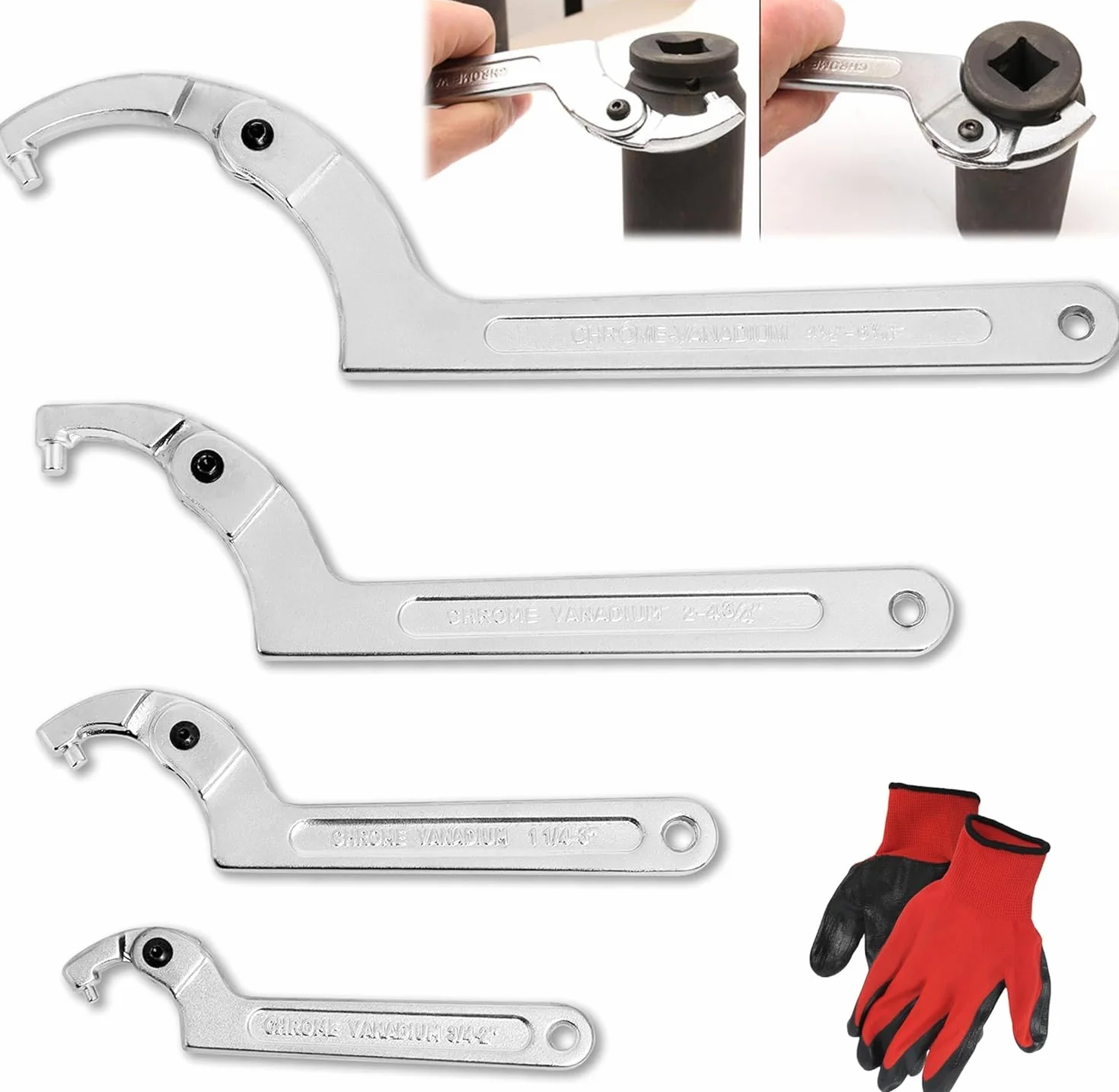 Poweka C Llave de Gancho Ajustable de 4 Piezas, Ilaves de Cabeza Redonda Incluye 3/4-2", 1 1/4-3", 2-4 3/4", 4 1/2-6 7/10" Para Apretar Equipos Mecánicos y Vehículos