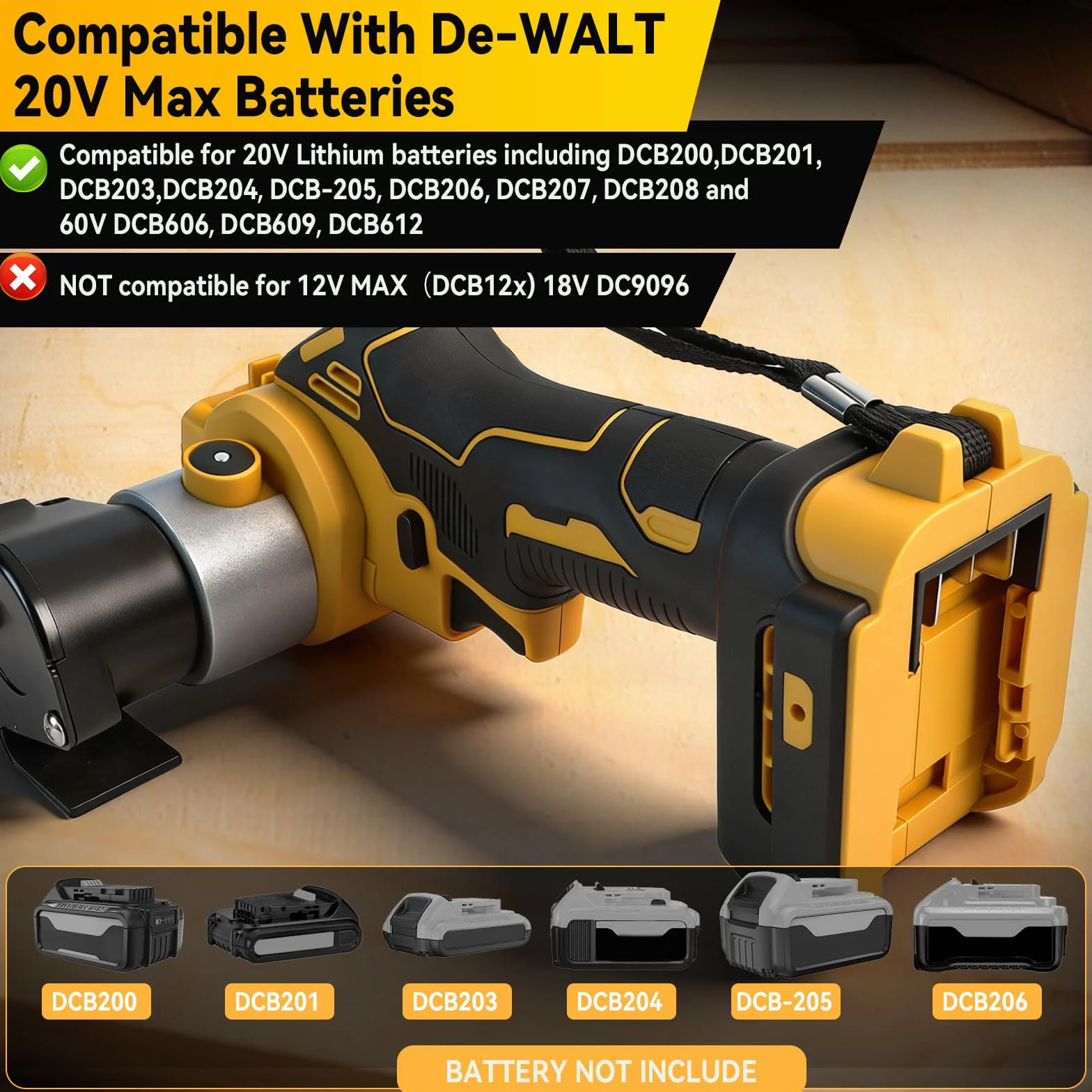 Lijadora de banda inalámbrica compatible con batería Dewalt de 20 V, amoladora de banda ajustable de 0 a 13000 rpm, 360° sin escobillas con 20 bandas de lijado para madera, metal y plástico (amarillo