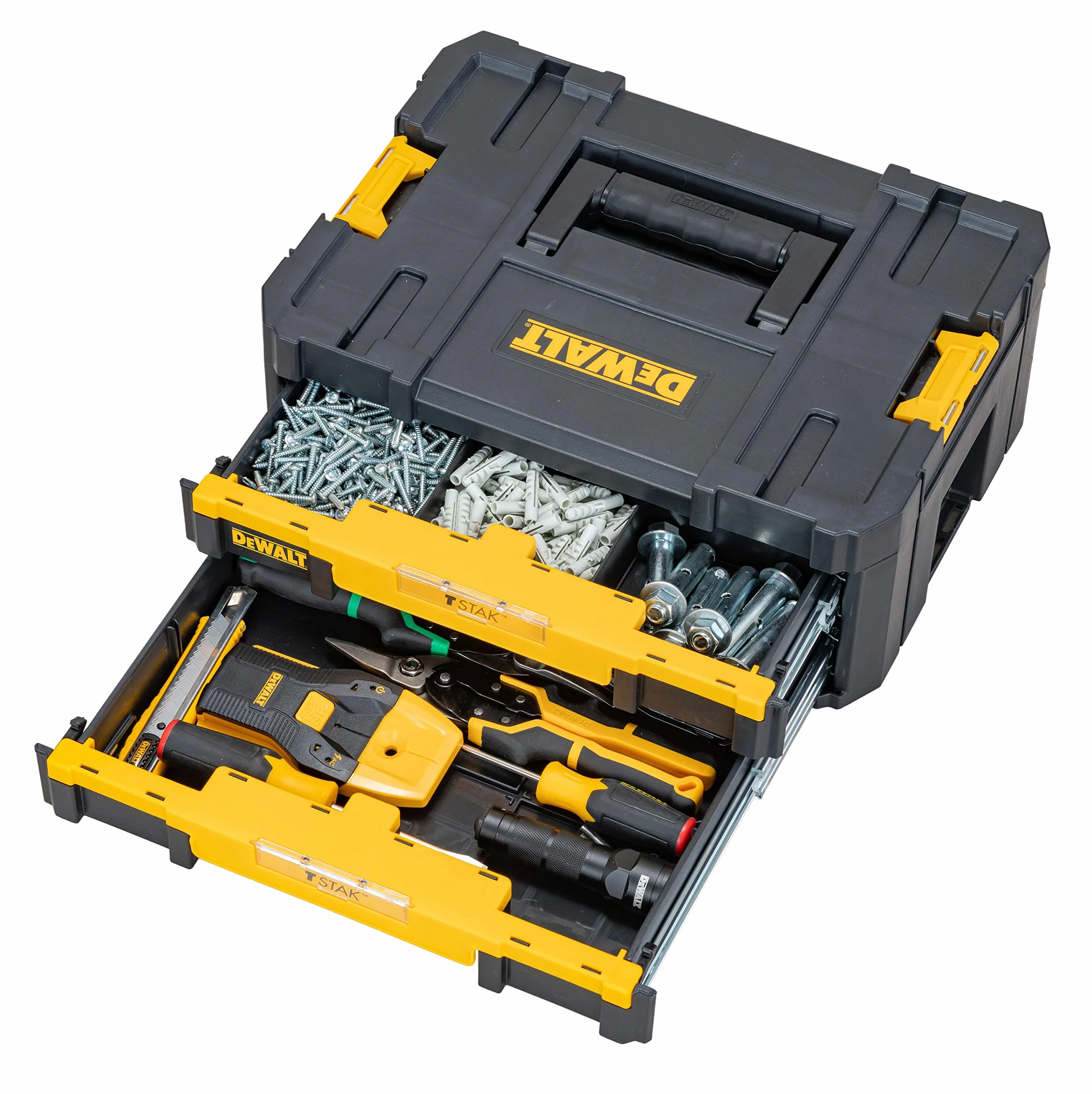 DEWALT DWST1-70706, Cajonera doble TSTAK IV, Divisores internos extraíbles, Bisagras y cierres laterales, Asa bimaterial. Medidas 440x314x176 mm, Máx. capacidad de carga 7.5kg