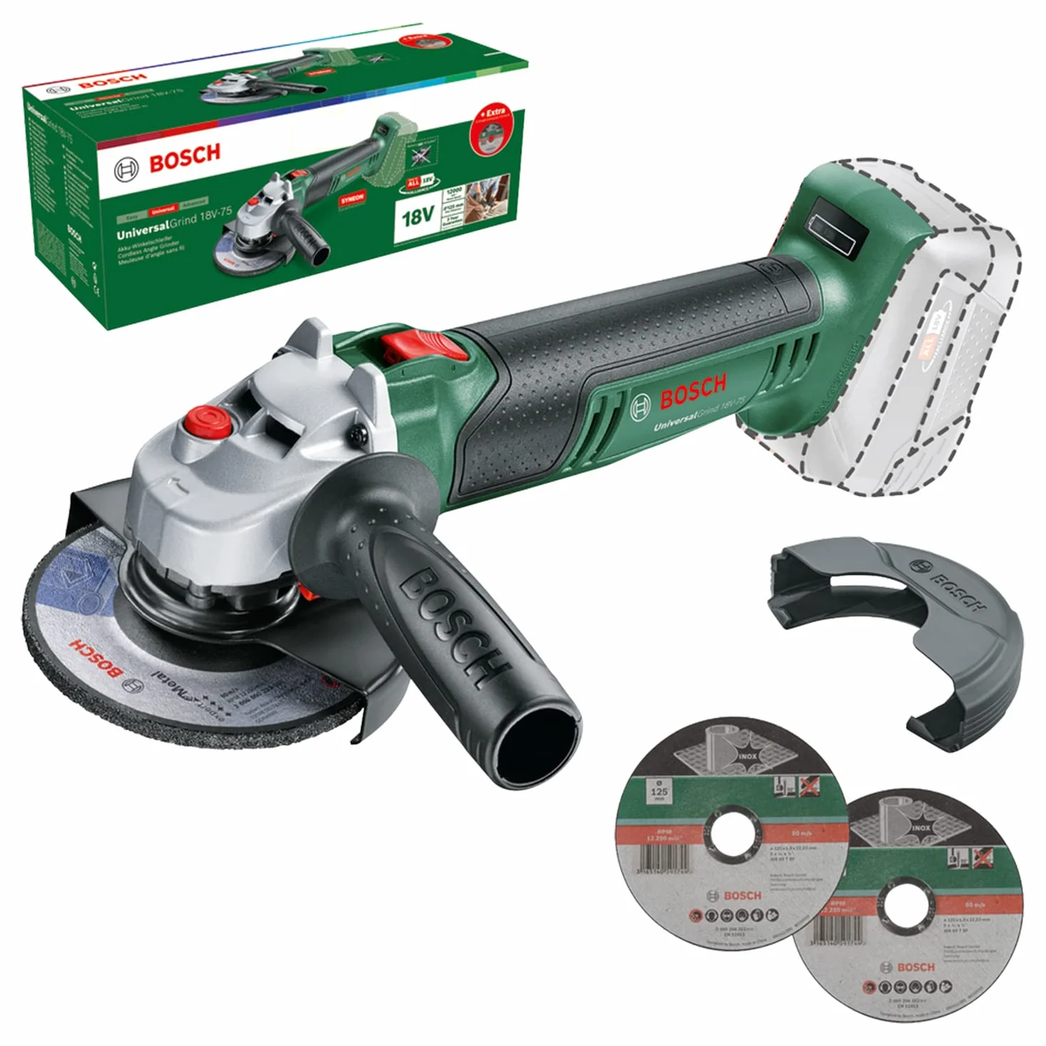 Bosch amoladora pequeña a batería UniversalGrind 18V-75 (para amolar, cortar, cepillar y lijar varios materiales; sistema de 18 voltios; 115mm y 125mm diámetro; sin batería) - Edición para Amazon