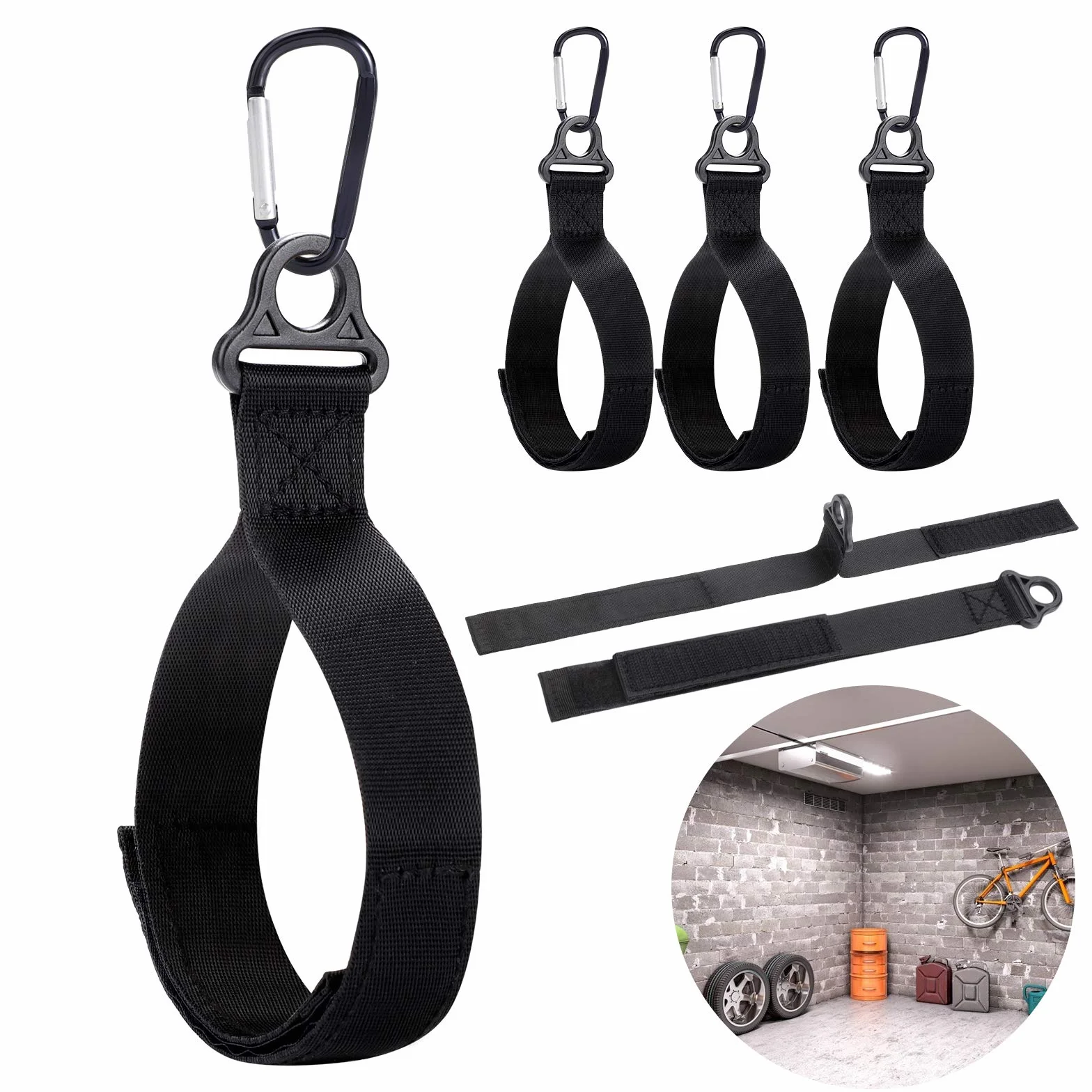 Paquete de 6 correas de almacenamiento resistentes y 6 mosquetones (39 cm x 2,6 cm), correa de gancho y bucle para cables, cuerdas de manguera en garaje y organización de embarcaciones