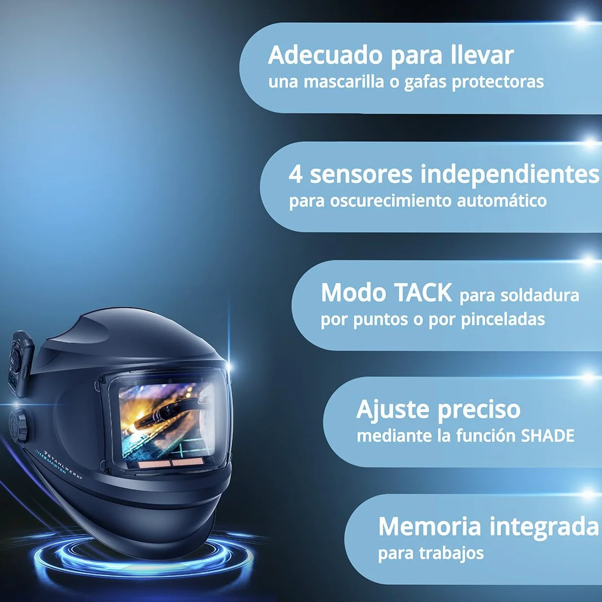 STAHLWERK Master Air - Casco de soldadura automático 3 en 1 con entrada de aire fresco, control de función por Bluetooth, reproducción de color verdadero, oscurecimiento DIN 4 a DIN 14, clase óptica 1