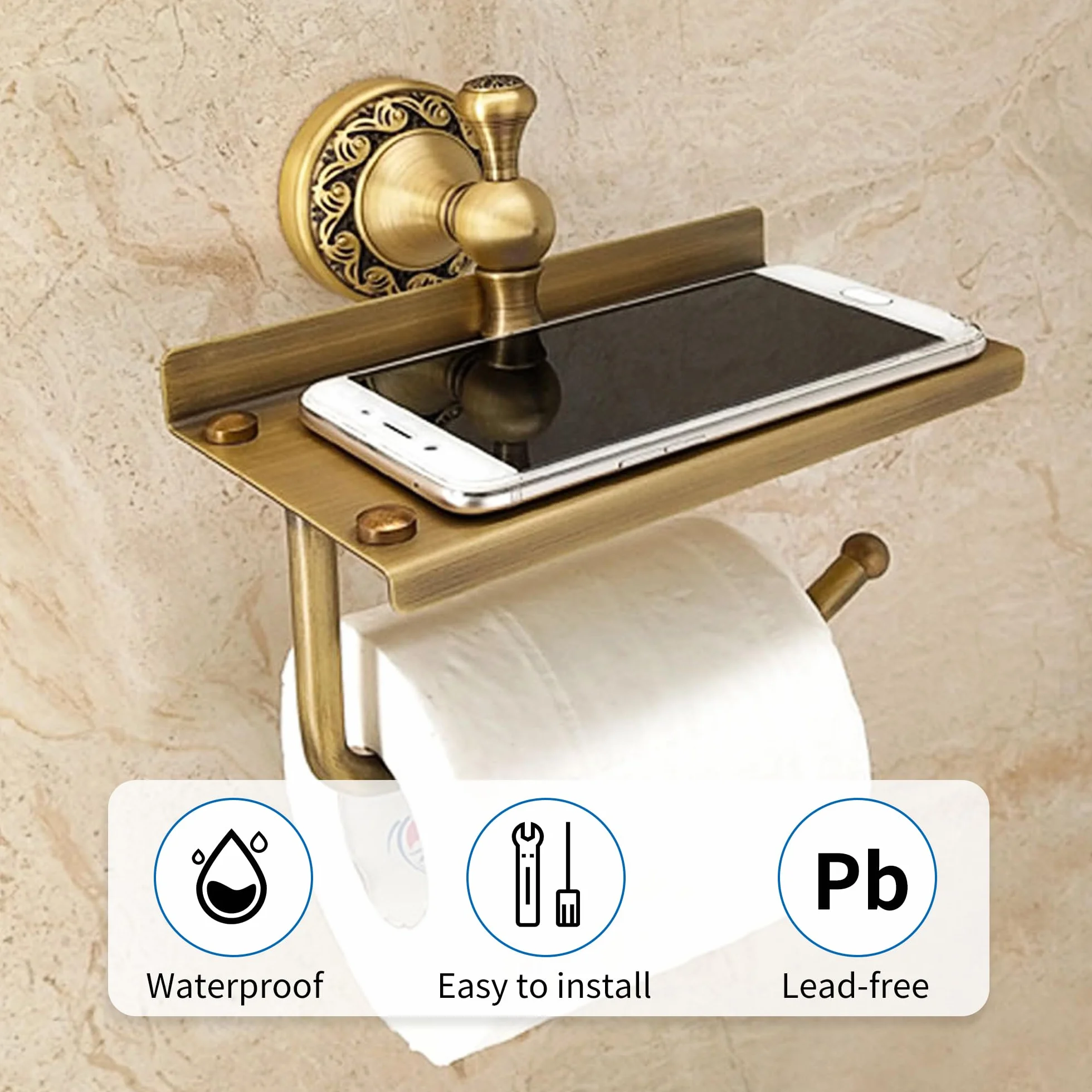 Soporte de Papel higiénico con Estante para teléfono, Soporte para Rollo de Papel higiénico de baño, Bronce Antiguo, Accesorios de baño, Accesorios de baño, diseño Tallado de patrón