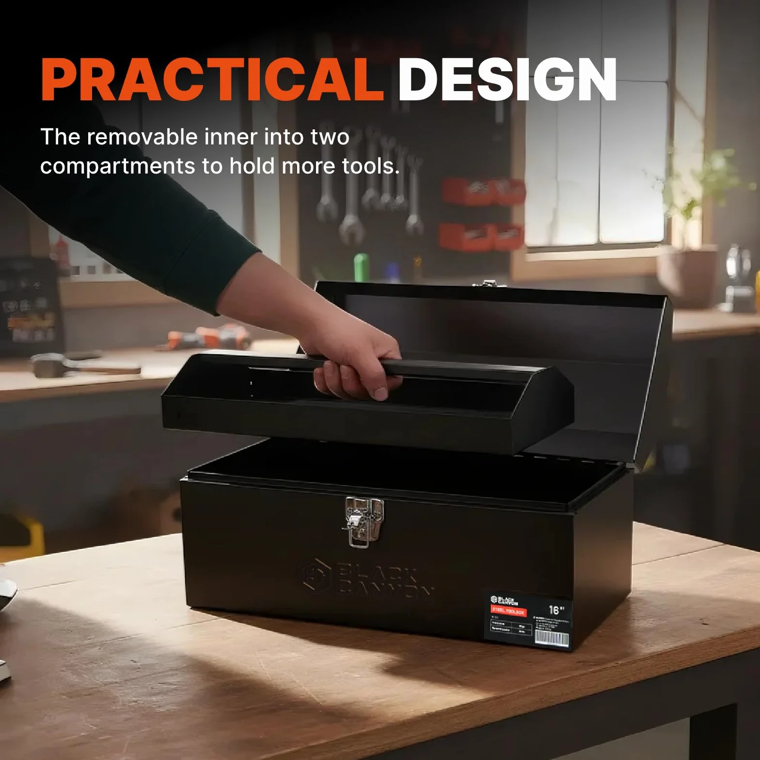 Black Canyon Caja de herramientas de 16 pulgadas, caja de herramientas de metal, acero al carbono, portátil y con candado, 4 almohadillas antideslizantes, ideal para remolques, mecánicos, bricolaje