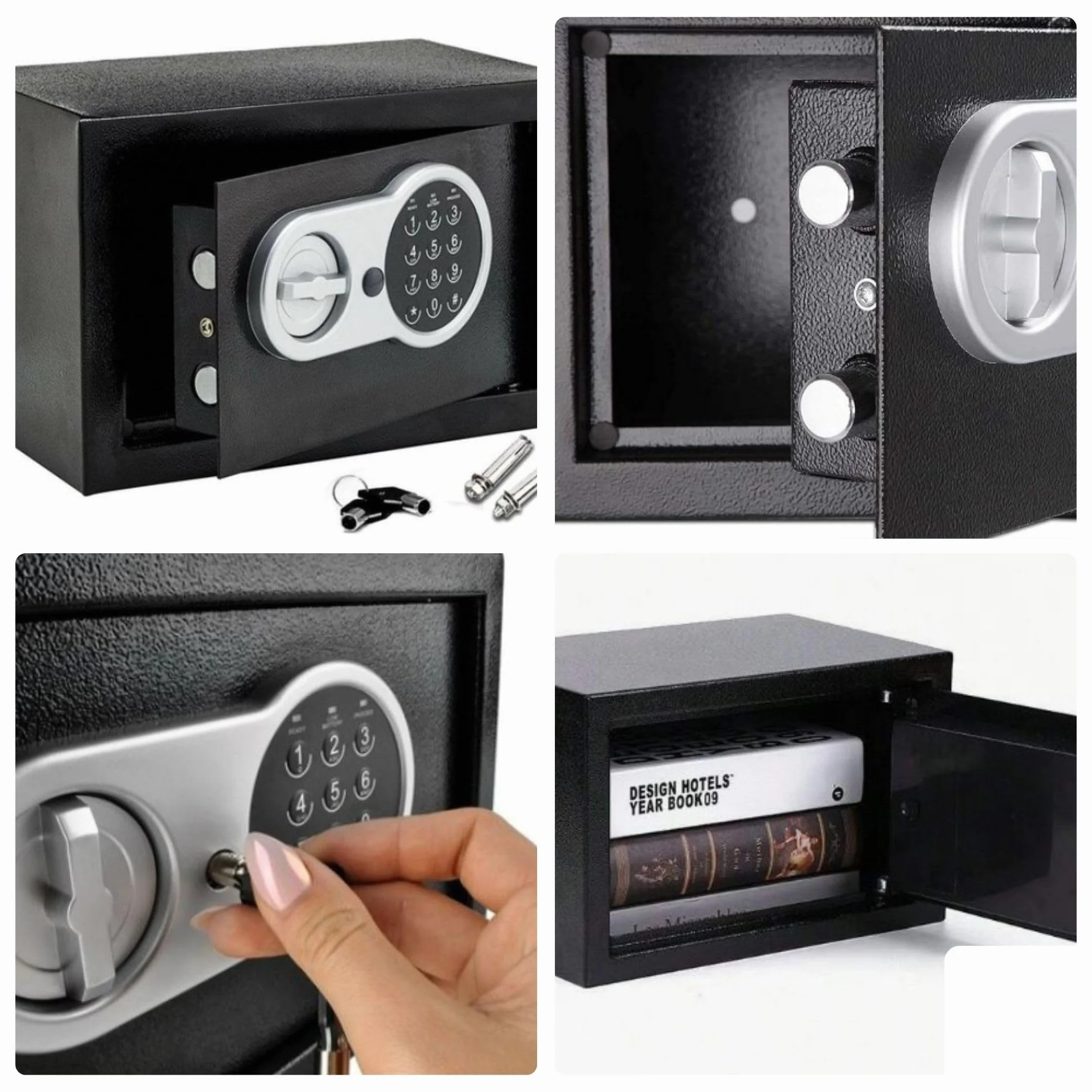 Perel Caja fuerte electrónica con código digital y llave de emergencia, caja de seguridad de acero espaciosa con interior acolchado, mini caja para joyas, documentos y dinero, 20x31x20 cm