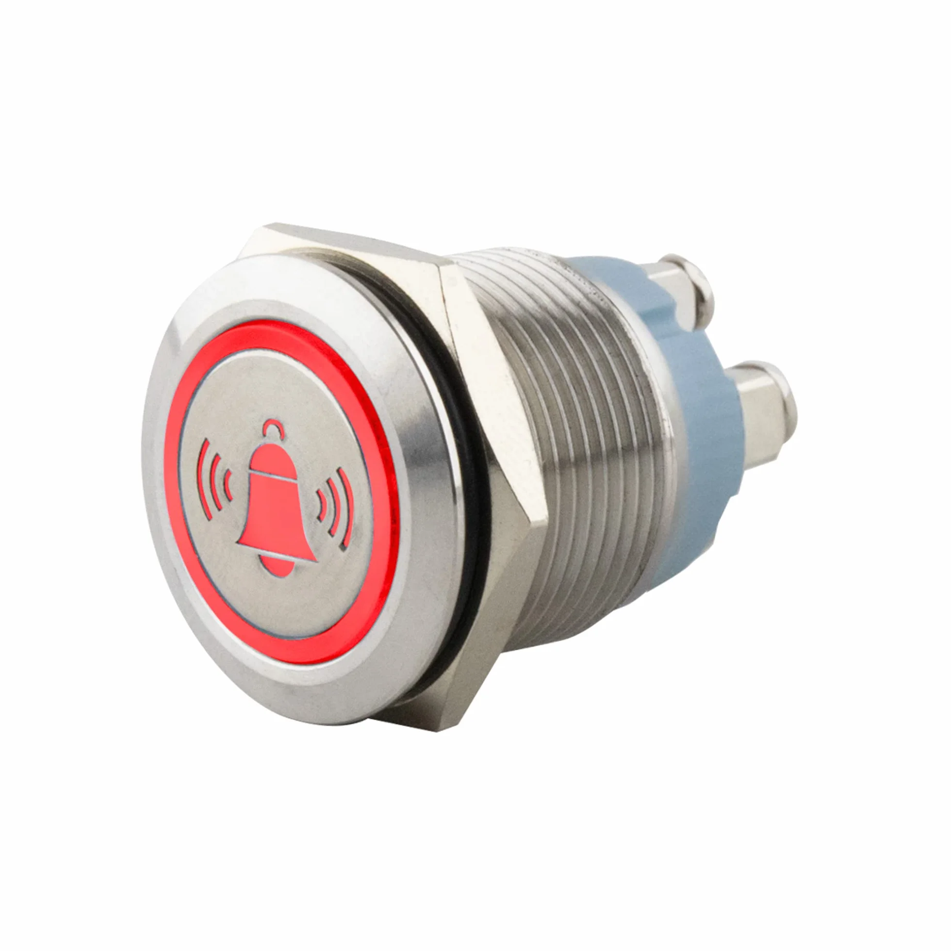 SeKi Pulsador de acero inoxidable de 19 mm de diámetro, forma de cabeza plana, símbolo de campanas iluminadas de colores, conexión de rosca roja; pulsador de timbre.