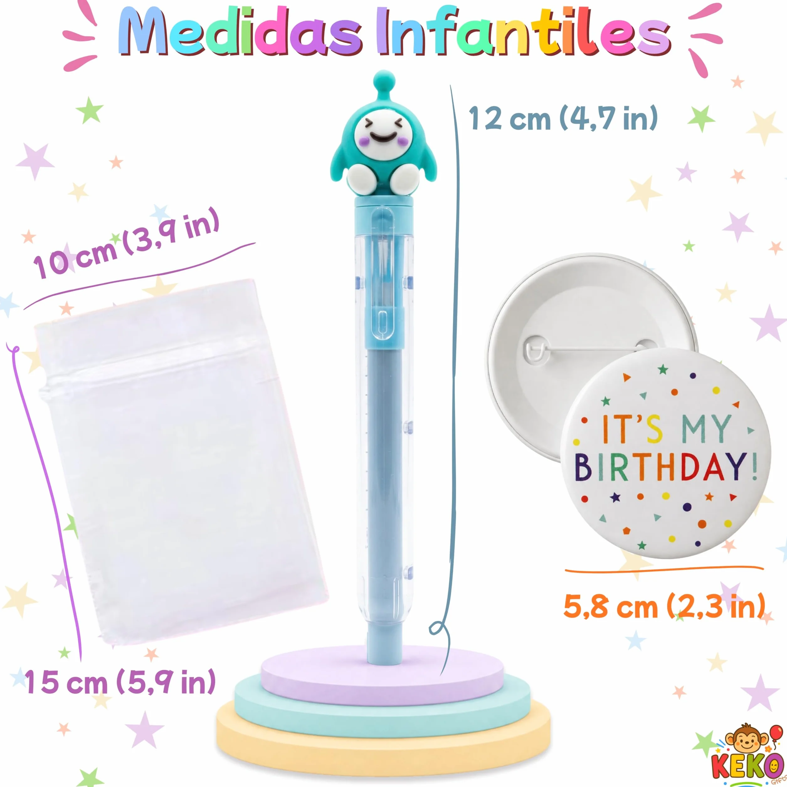 KeKo Pack 30 Gomas de Borrar Divertidas, Bolsas, Chapa Cumpleañera, Regalos Cumpleaños Niños Colegio