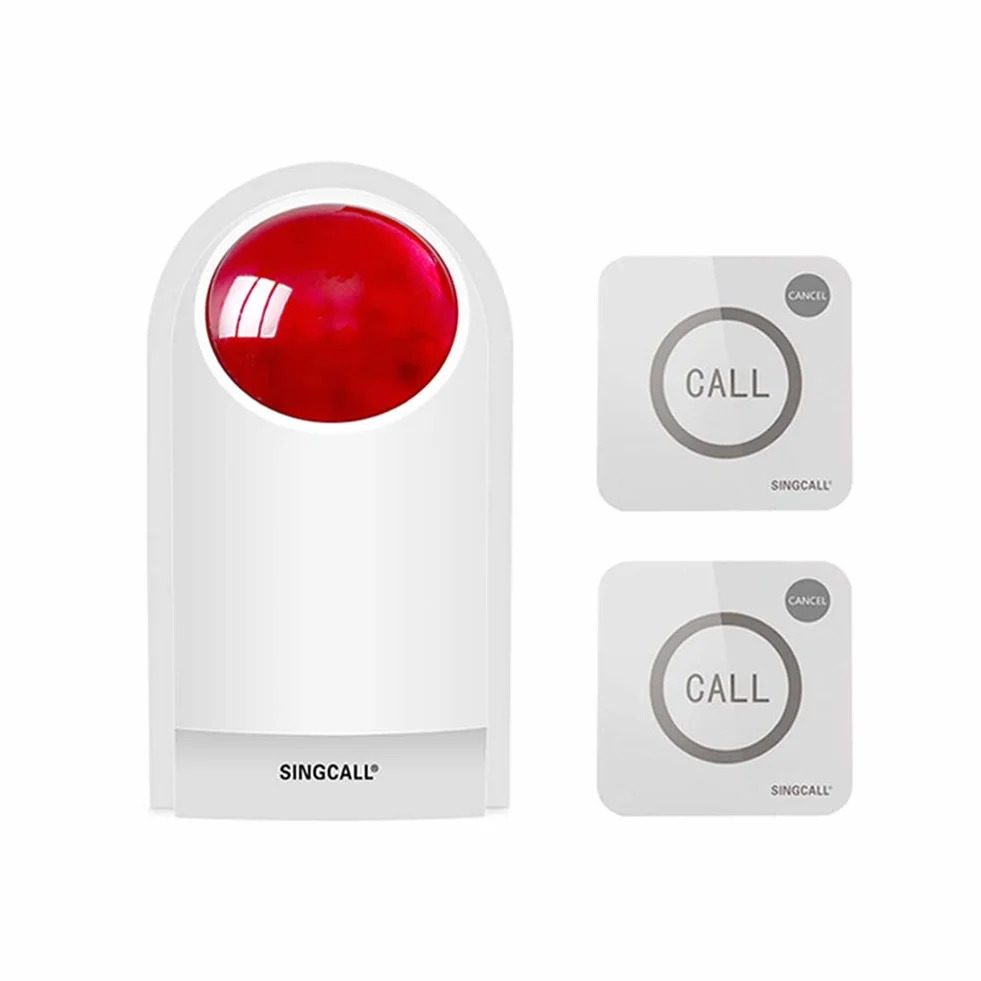 SINGCALL Sistemas de Alarma inalámbricos Sirena Exterior inalámbrica Alarma antirrobo con luz estroboscópica roja de Alerta SOS para Tienda Hogar Hotel Joyería Seguridad, 1 Sirena 2 Botones remotos