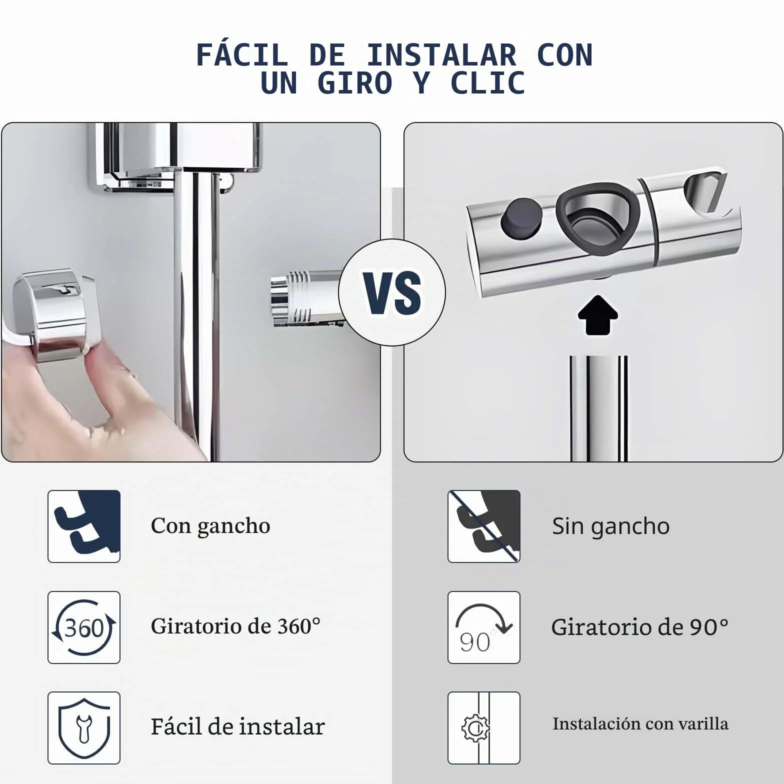Vinabo Universal Soporte Ducha con 2 Ganchos, Soporte de Ducha, sin perforación, 18-25 mm, diámetro Ajustable, Espaciador Integrado para Proteger la Barra de Ducha