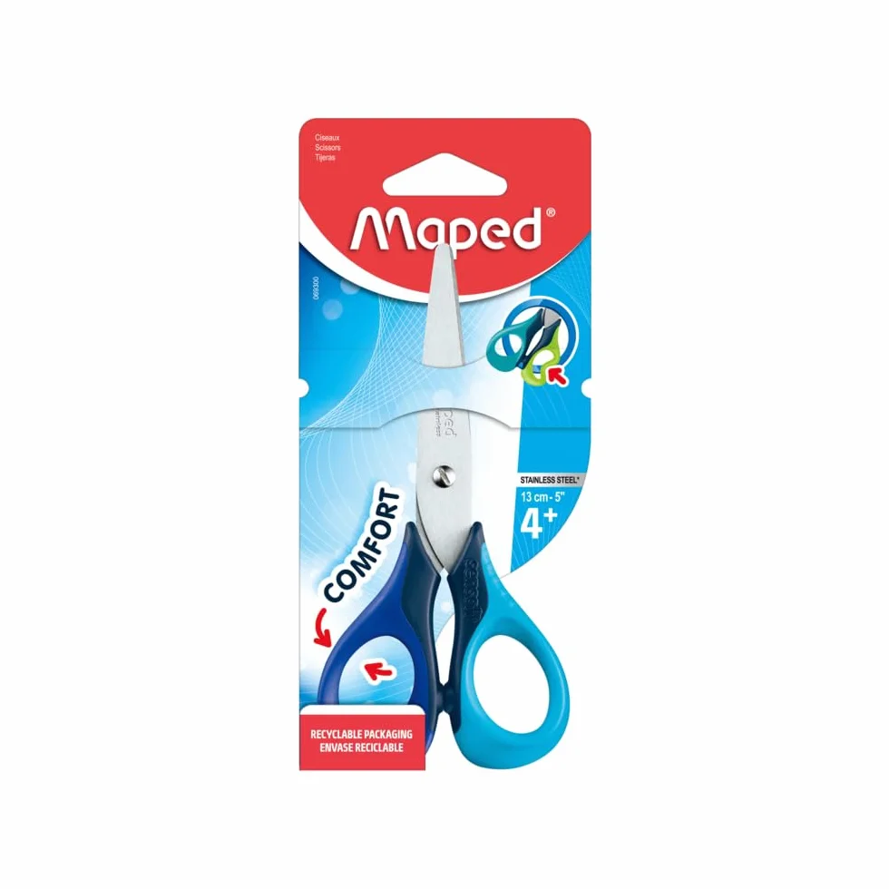 Tijeras Escolares para Niños Maped, Sensoft 13 cm Diseño Ergonómico para Agarre Fácil, Aros Suaves y Seguros Cuchillas de Acero Inoxidable Modelos Surtidos Ideal para Manualidades y Uso Escolar