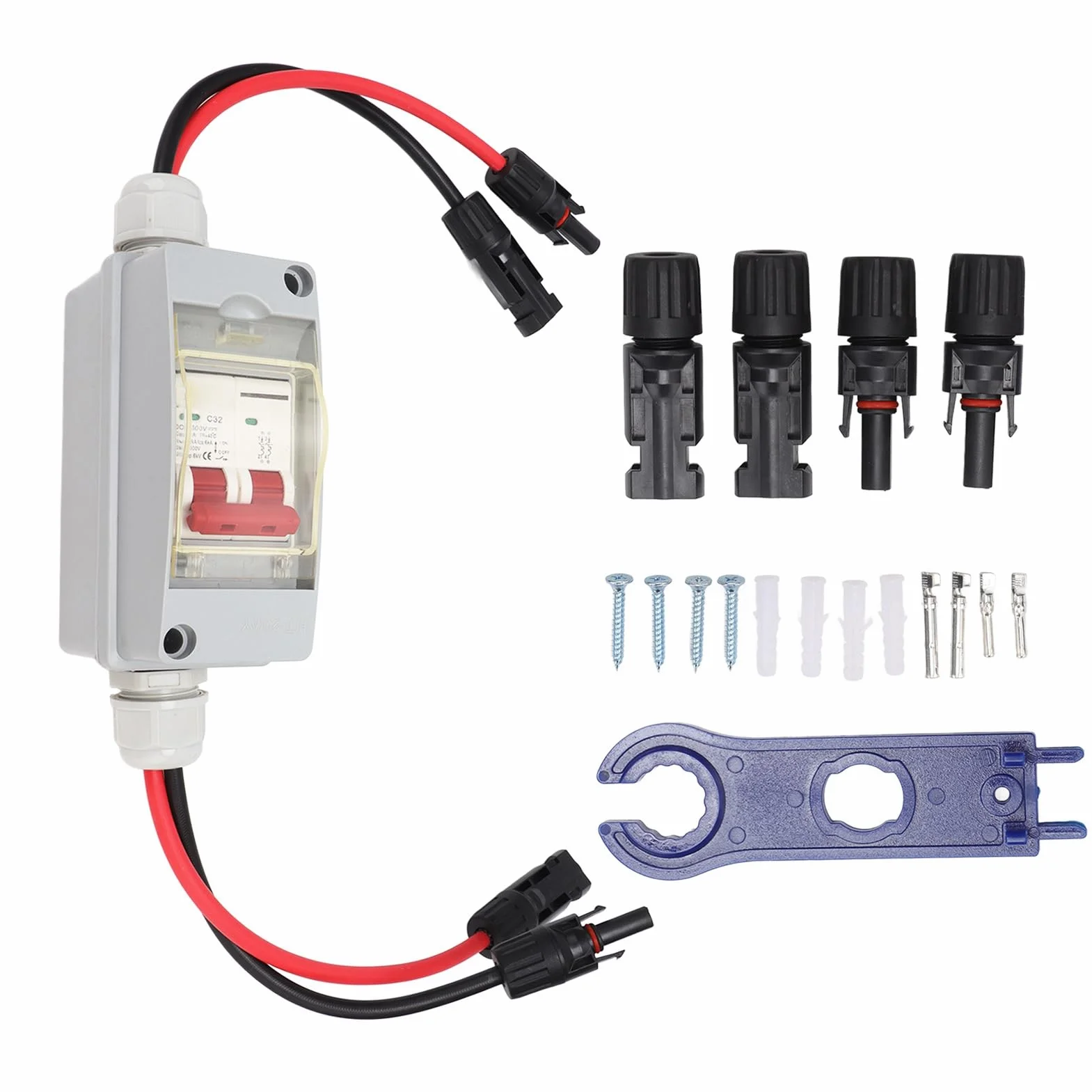 Interruptor Disyuntor ZAWELIYO 32A ,Desconexión de CC para Solar ,con Caja Impermeable IP65 ,para Inversor de Panel Solar y Fotovoltaico (Con cable y conector fotovoltaico)