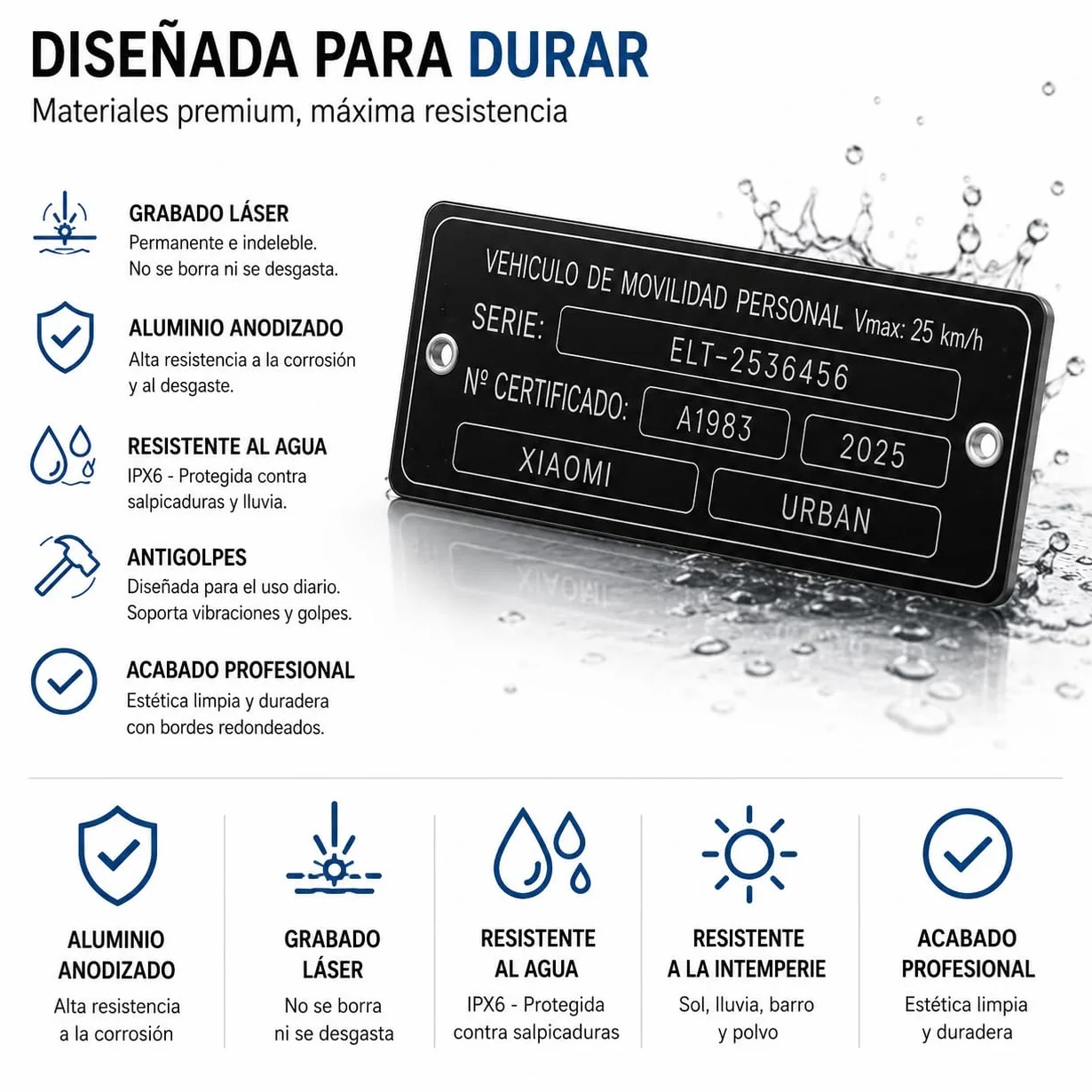 Placa Identificativa para Patinete Eléctrico VMP | Compatible con Normativa DGT | Aluminio Anodizado 104 x 30 mm | Grabado Láser Permanente | Placa Identificación para Patinetes Eléctricos |