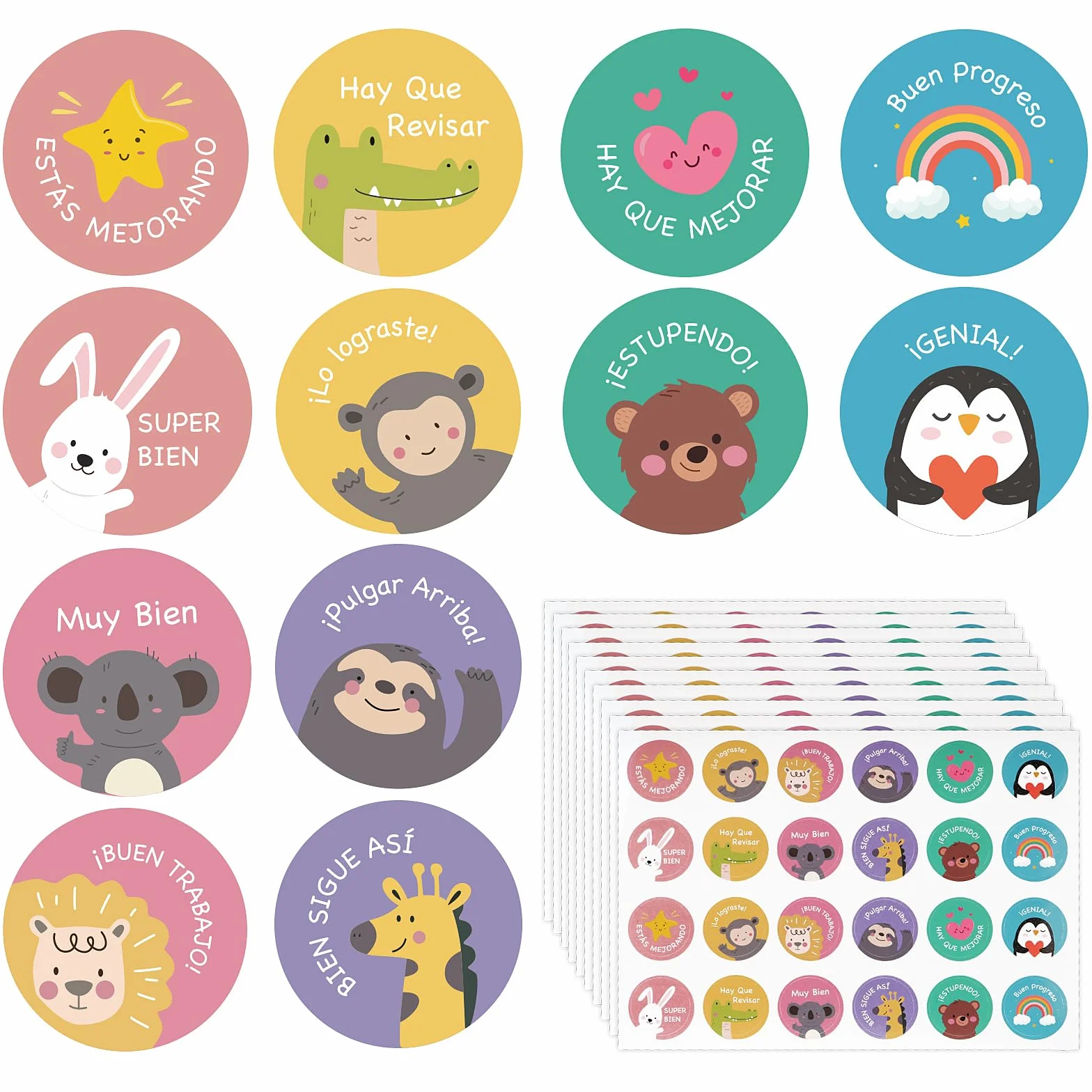 GEBETTER 240Pcs Pegatinas Infantiles Recompensa Niños 12 Modelos 2.5cm Animales Motivadoras Redondas