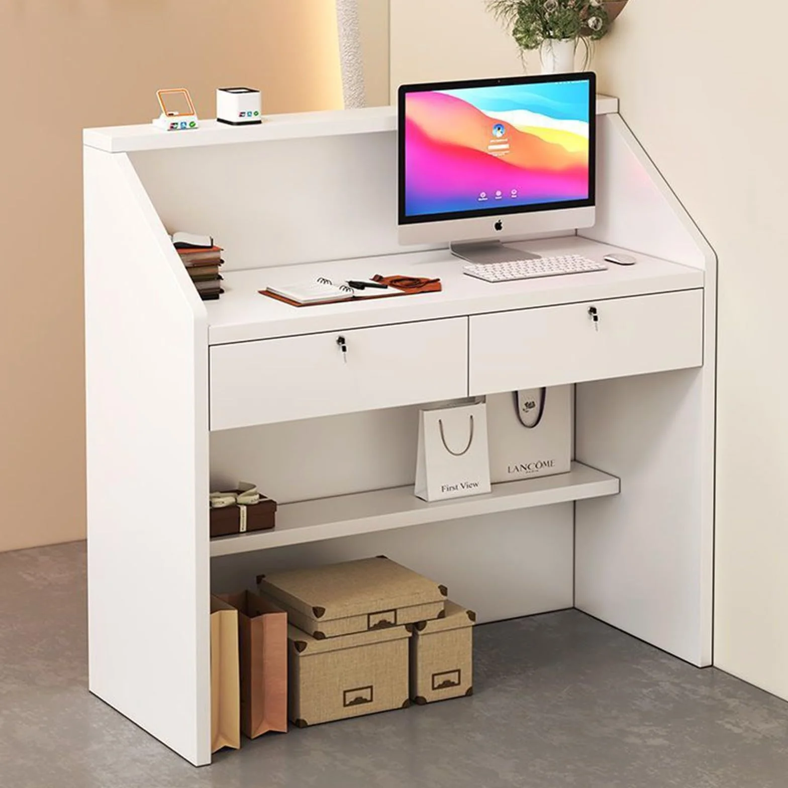 Mostrador de recepción moderno con cajones 60x34x92cm blanco para tienda minorista