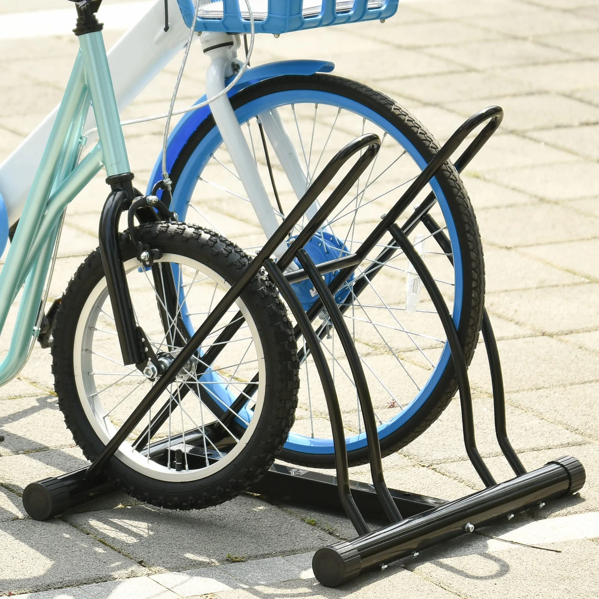 HOMCOM Soporte para Aparcar 2 Bicicletas, Aparcamiento Estacionamiento para Bicis, Inferir 65mm de Ancho, Fácil de Montar, Almohadilla Antideslizante, Interior y Exterior, 60x54x57 cm, Negro
