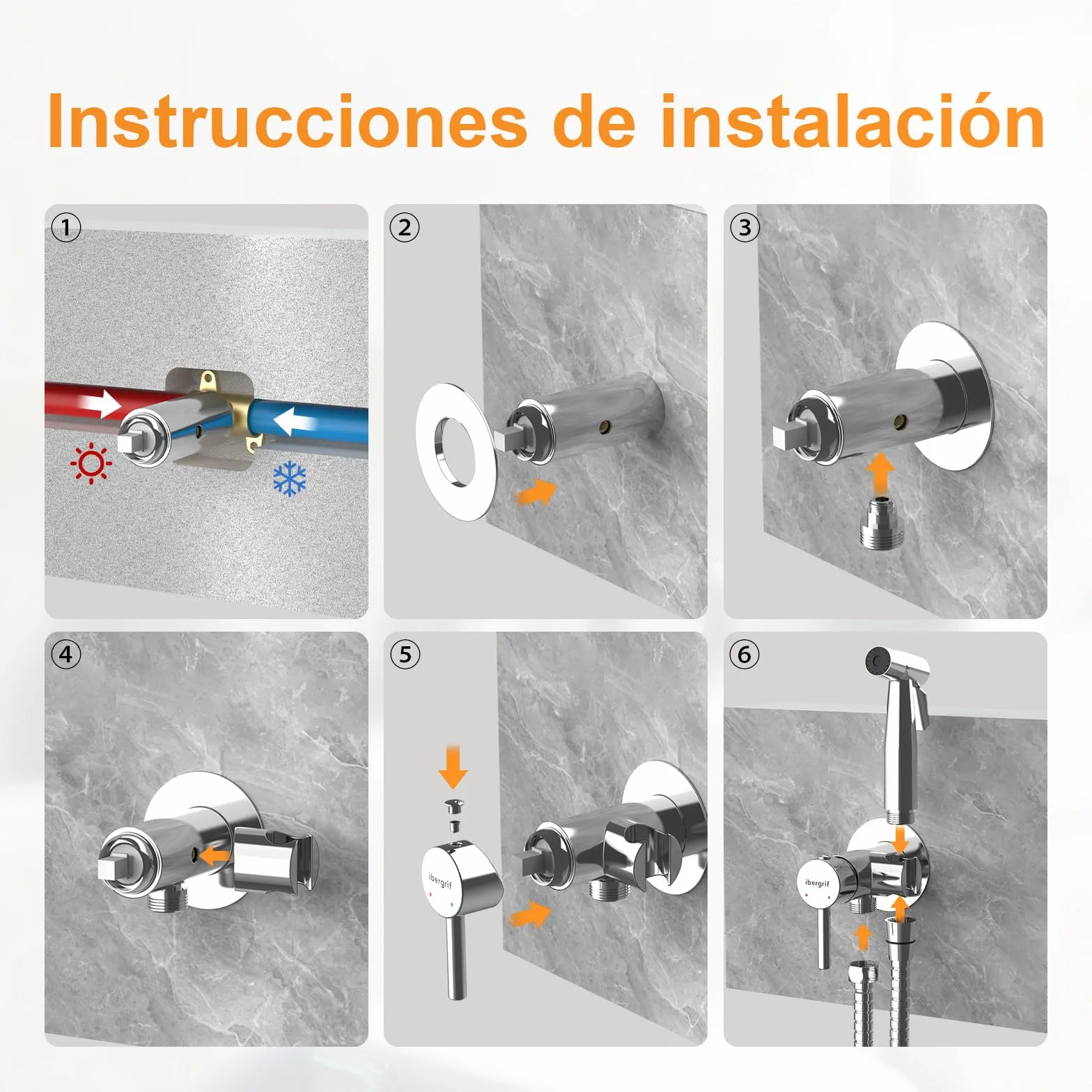 Ibergrif M22004 Grifo Empotrado para WC y Bidé Mezclador Monomando Ducha de Mano Acero Inoxidable 1.2m Plata