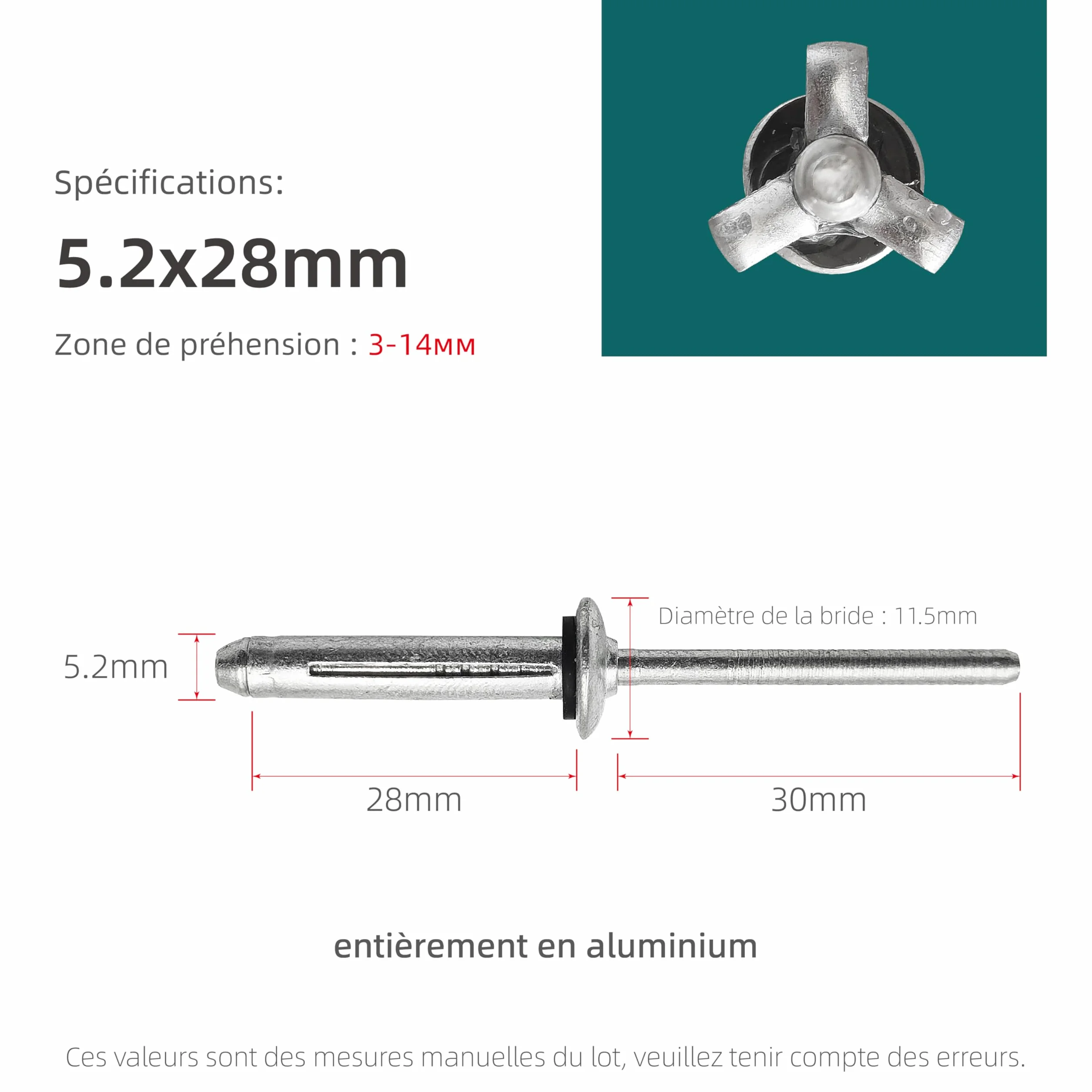 Remaches ciegos de aluminio de expansión múltiple con junta tórica - Juego de remaches de cabeza bulbosa para plásticos o materiales flexibles (Ø5.2x28mm - 50 piezas)