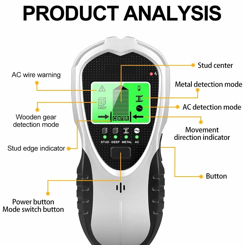 Detector de Pared 4 En 1 - Sensor Electrónico con Pantalla LCD para Detectar Madera, Tubos de Metal y Cables Eléctricos - Escáner Digital