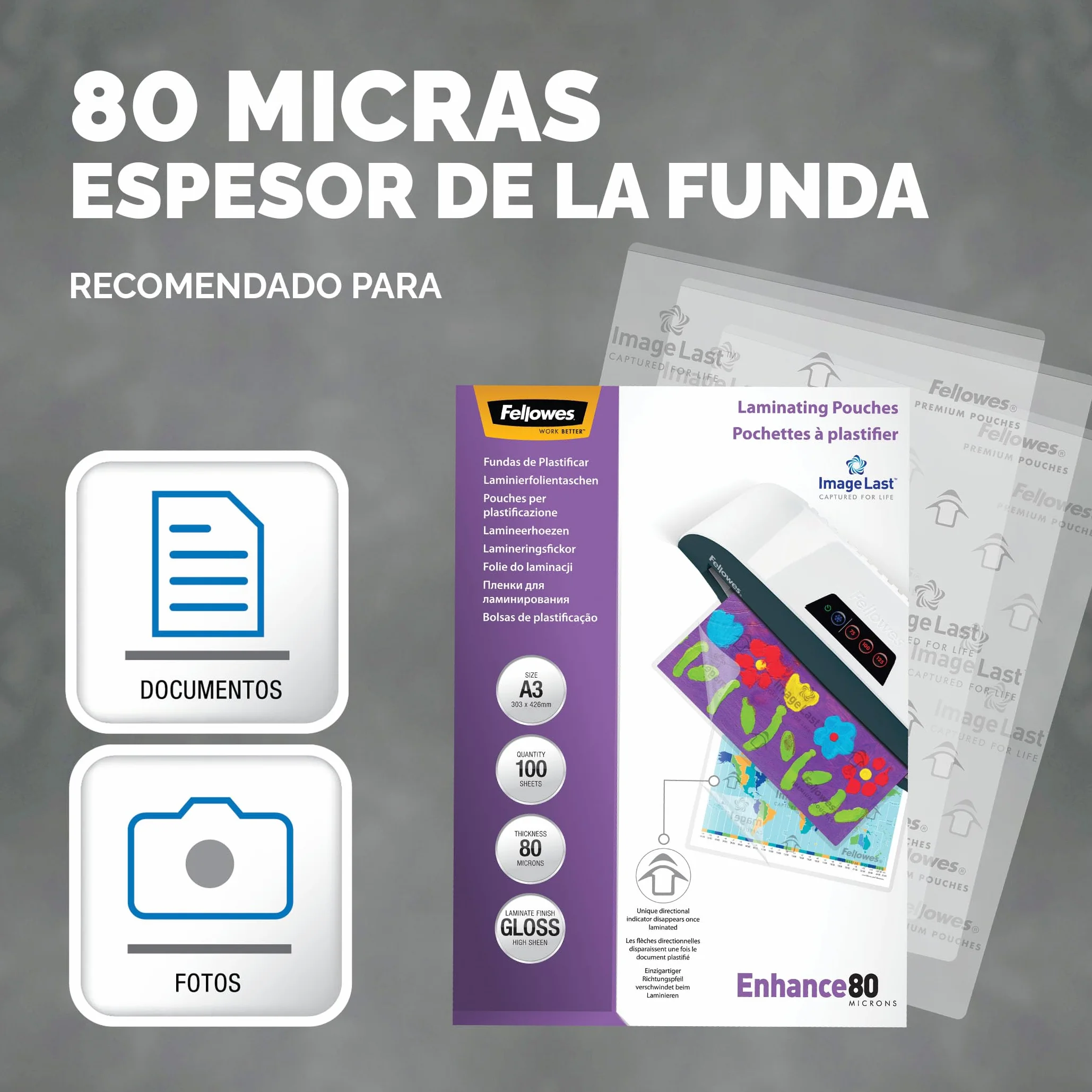 Fellowes pack 100 fundas plastificar A3 brillo 80 micras