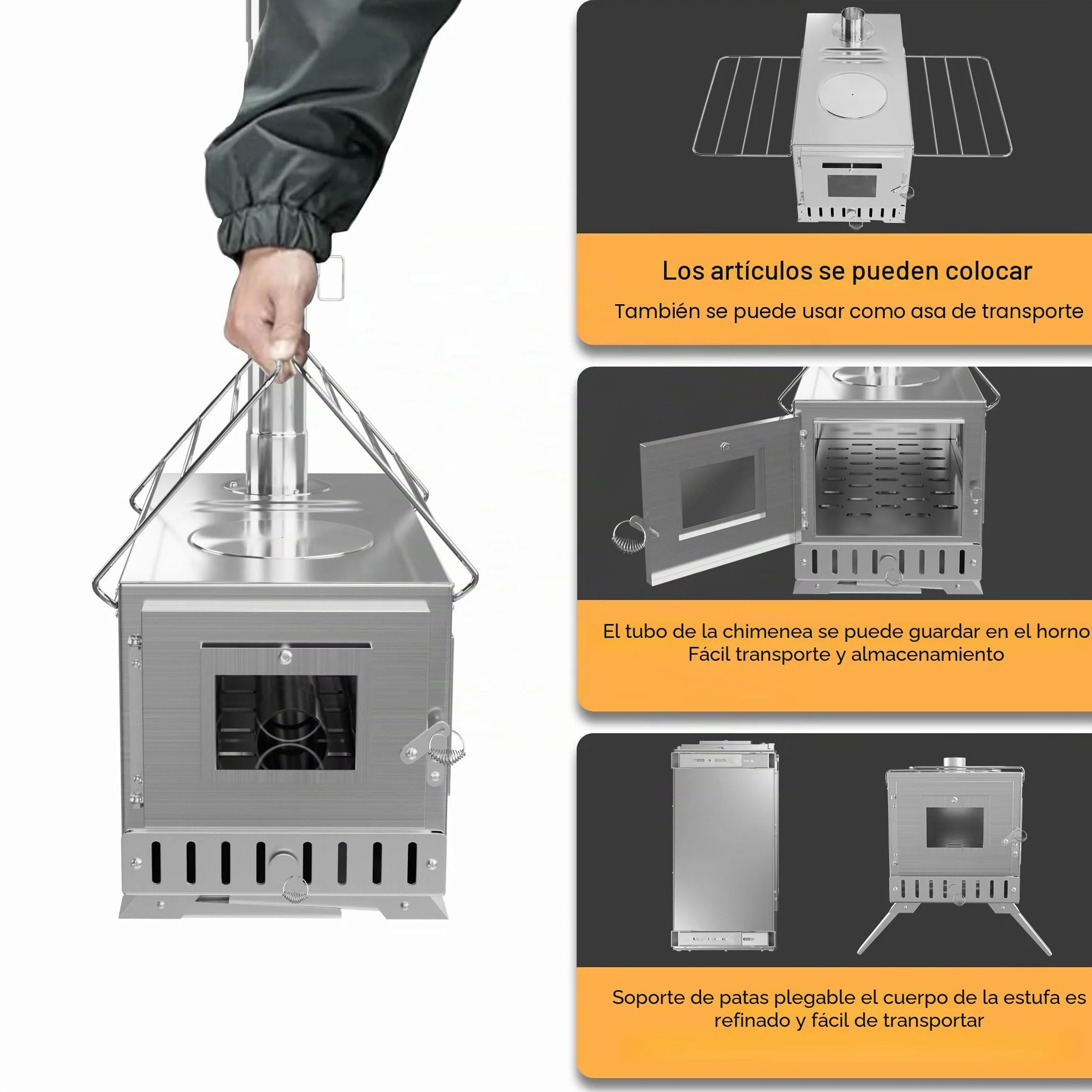 UNHO Estufa de Leña Portátil Plegable con Chimenea de Acero Inoxidable para Tienda de Campaña
