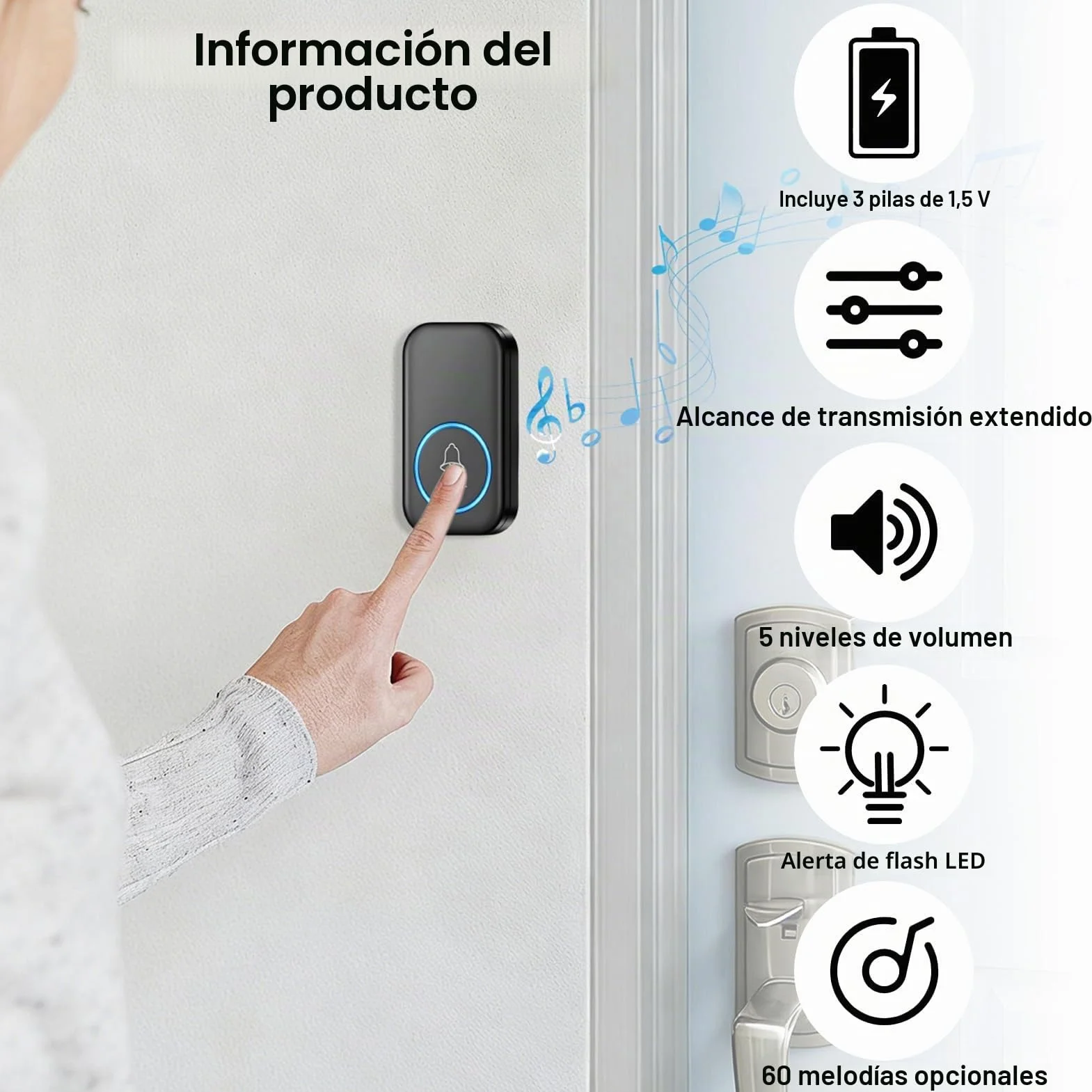 Timbre Inalámbrico Exterior Impermeable 60 Melodías 5 Niveles Volumen Kit Doorbell 1 Receptor 1 Botón LED 300m Alcance Negro