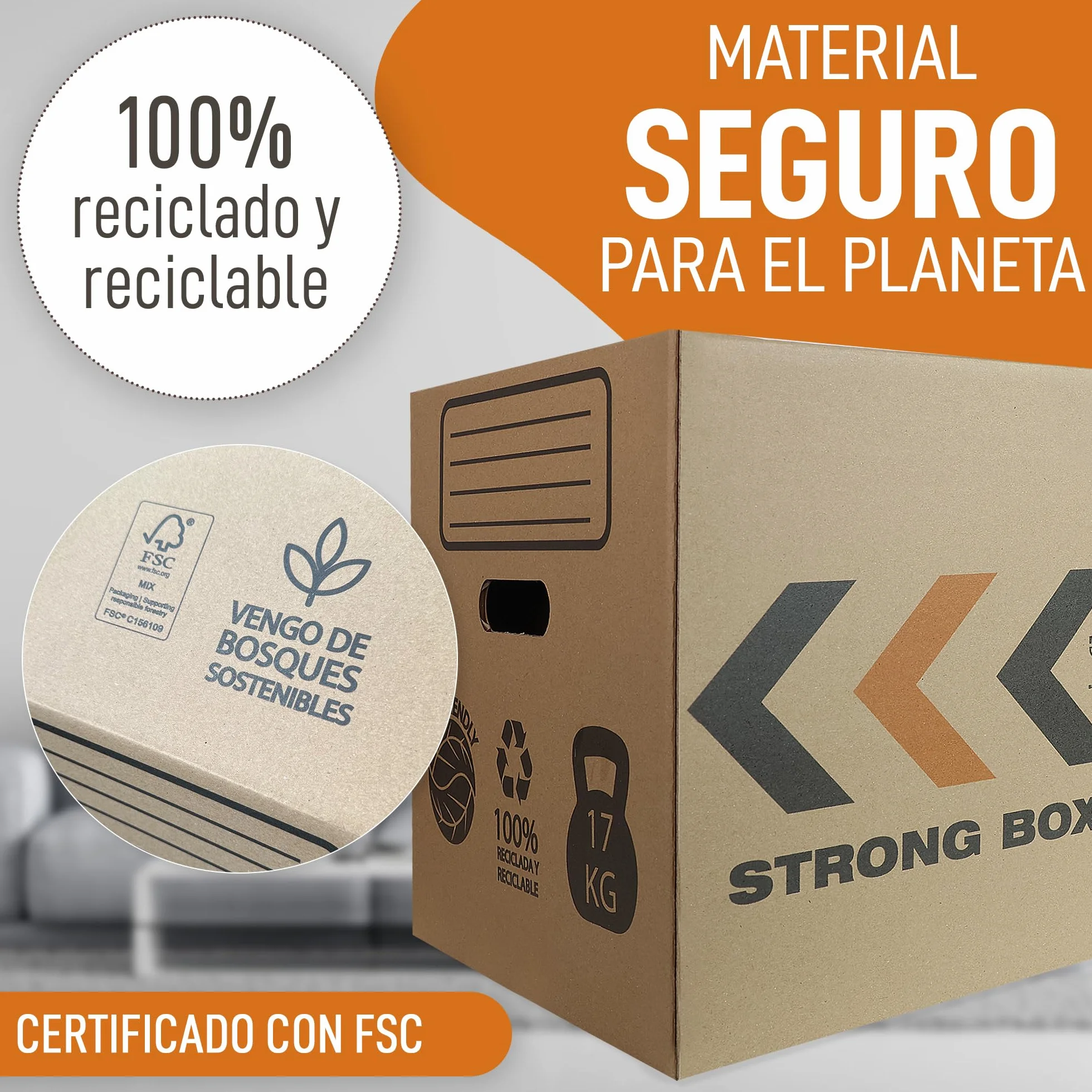 Cajas Mudanza Talla L 45 Litros 50x30x30cm Reforzadas Carton FSC Reutilizables