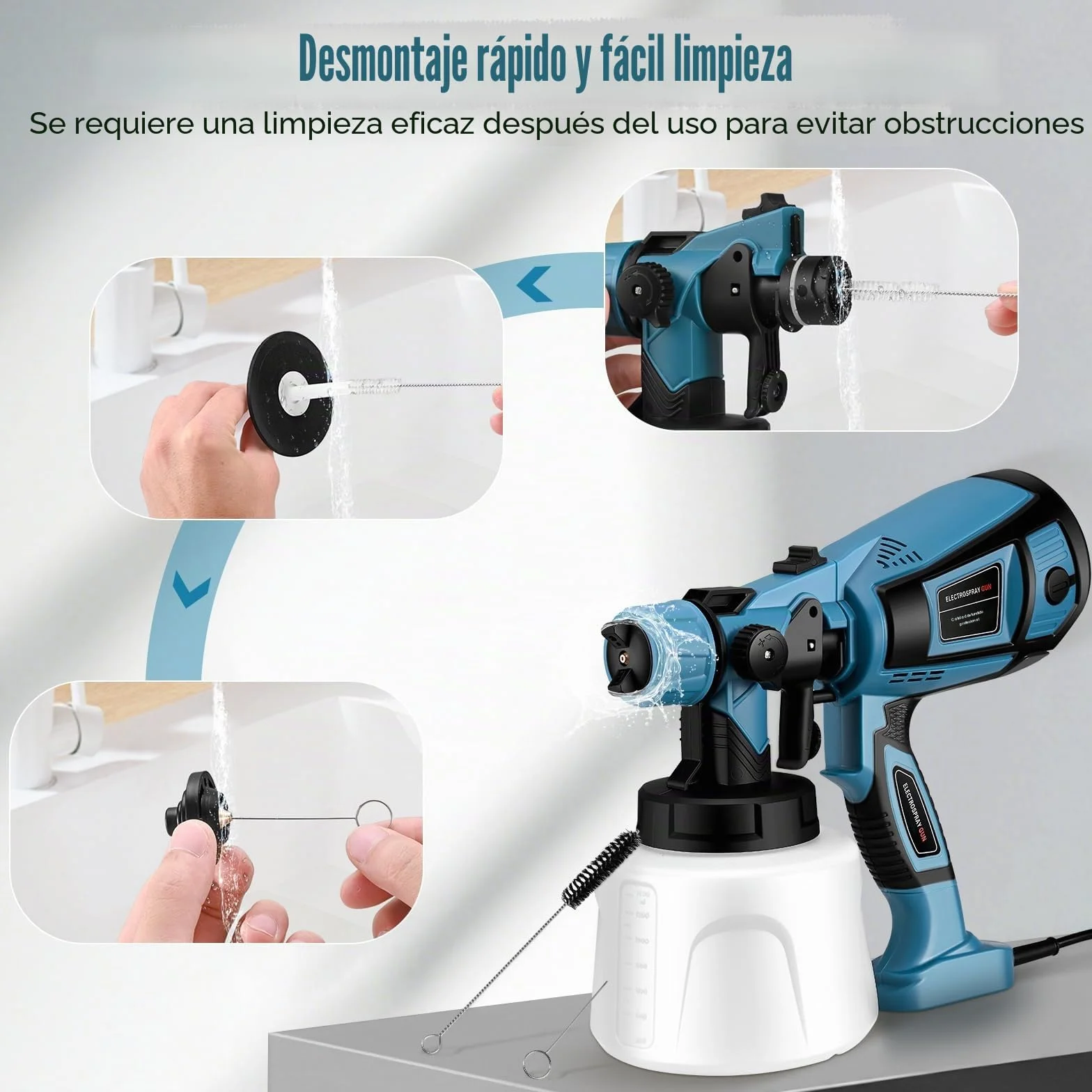Pistola de Pintura,800W HVLP Pulverizador de Pintura Eléctrico con Recipiente de 1400ml, Flujo Máximo de 1000ml/min,5 Boquillas para la Pulverización y Limpieza del Bricolaje(Azul)