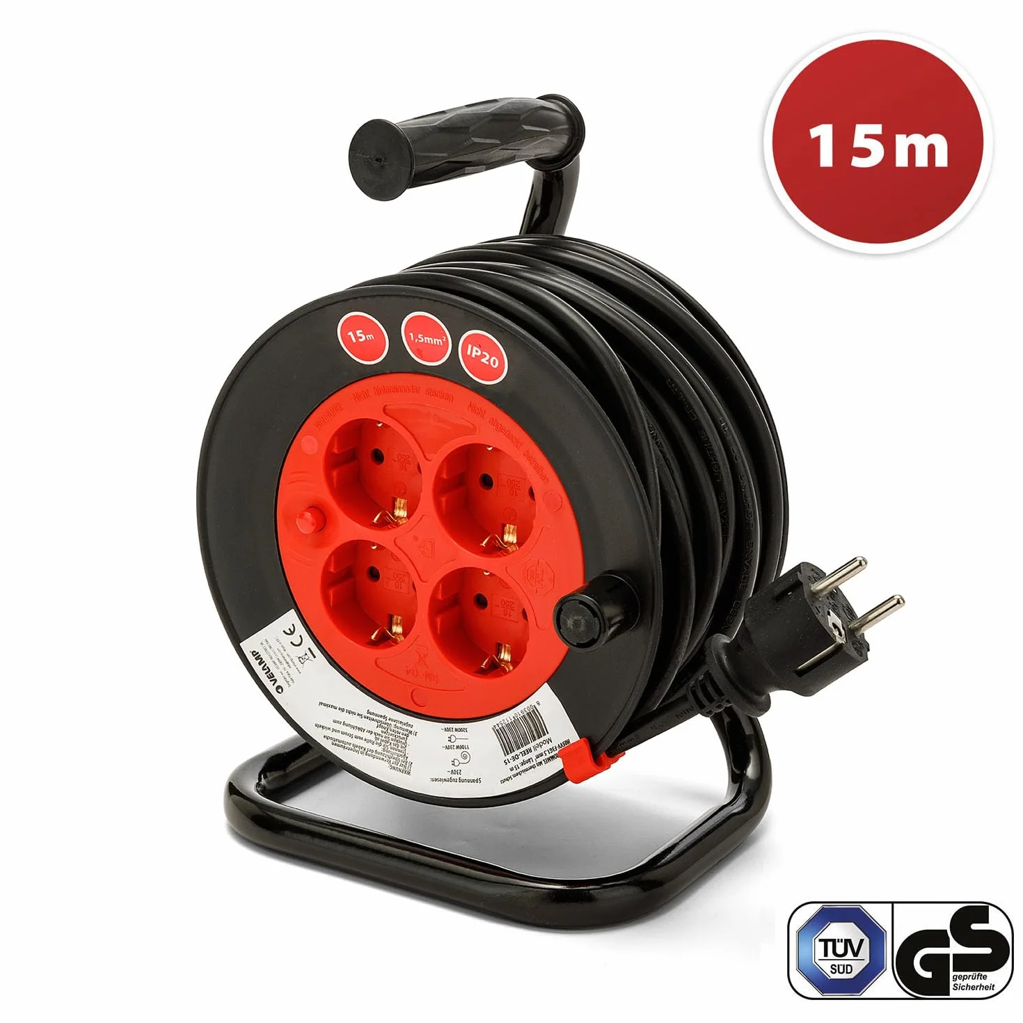 Carrete de cable DIY 4 enchufes estándar Schuko, cable H05VV-F3G1.5MM2, 15M, CE