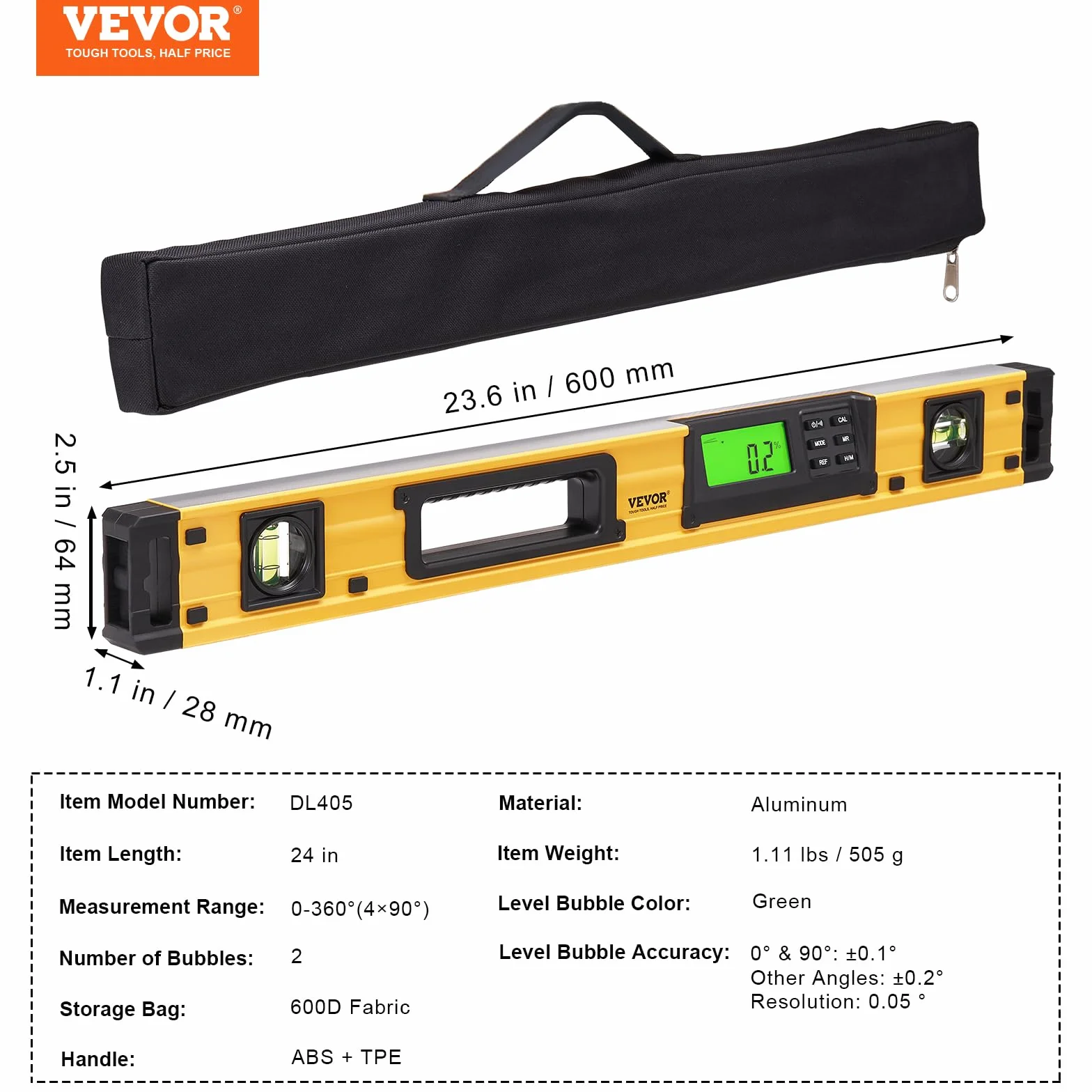 VEVOR Nivel de Burbuja Magnético Nivel Torpedo 600 mm Pantalla LED Retroiluminada Herramienta de Nivelación 0-360° Aleación de Aluminio Sensor de Gravedad para Medición Industria de Construcción Hogar