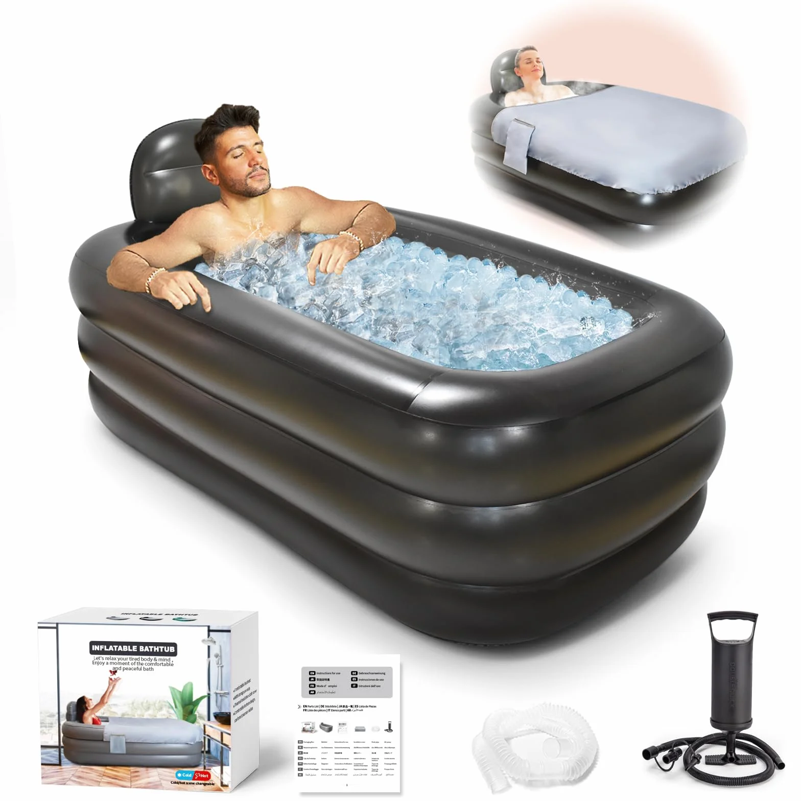 Nevife Bañera hinchable con suelo de bañera, plegable y portátil, ideal para baños calientes/baños de hielo, 160 x 90 x 50 cm (gris oscuro)