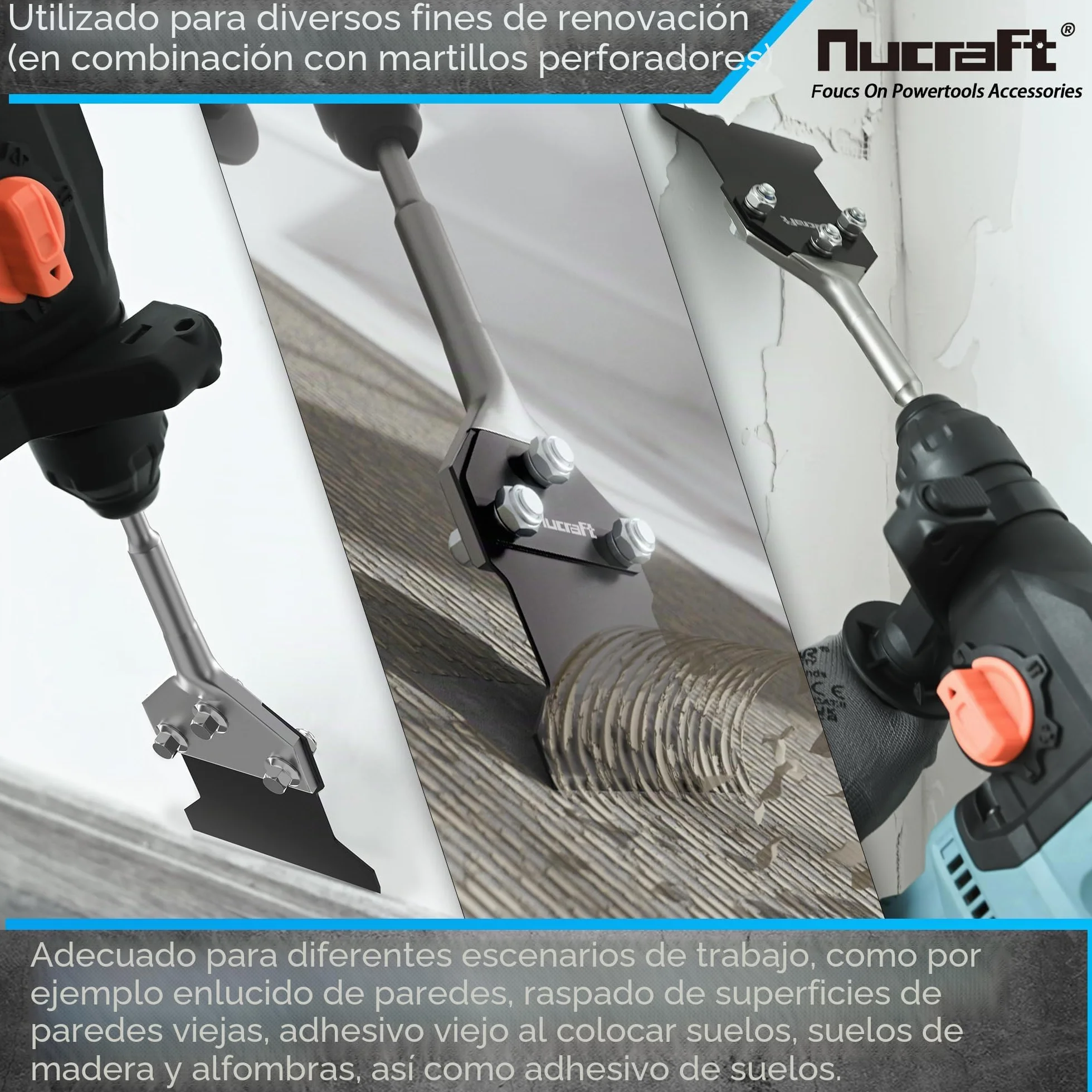 Nucraft SDS-Plus - Cincel para espátula (250 x 100 mm, para quitar el pegamento del suelo, alfombras, linóleo, adhesivo para baldosas, baldosas de PVC, color