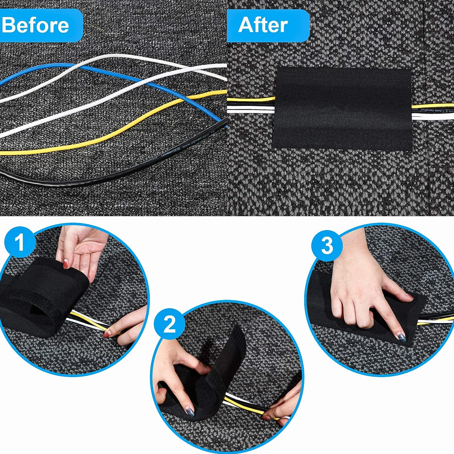 WILLBOND Cable Grip Protector de Cables para Suelo 10 pies Negro