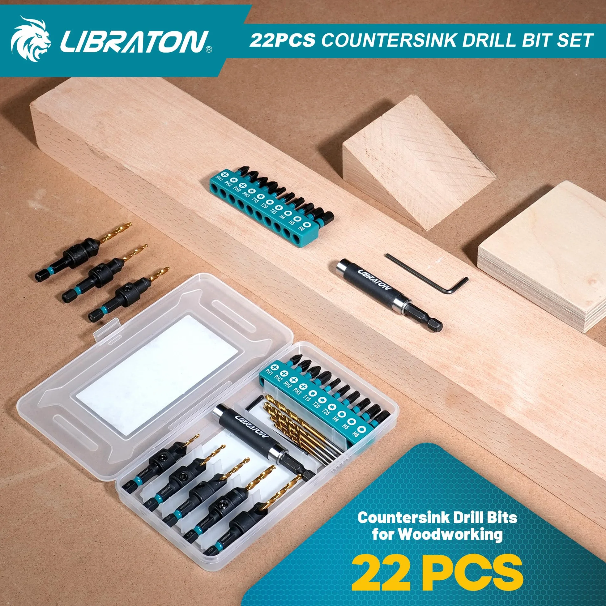 Libraton Juego de Brocas Avellanadoras, 22 PCS Brocas para Madera Ajustables, #4, #6, #8, #10, #12, Portabrocas Magnético Extensible para Carpintería, Puntas de Dstornillador con Caja