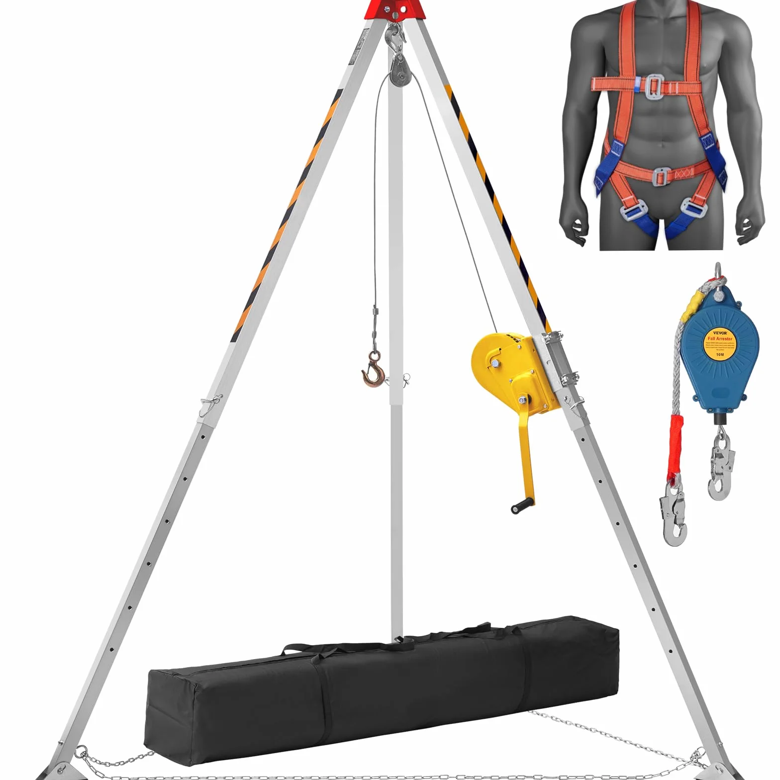 VEVOR Kit de trípode para espacios confinados, trípode de rescate de 2500 lbs, patas de 1,6 a 2,45 m, cable de 30 m, protección contra caídas de 32,8', arnés, bolsa de almacenamiento