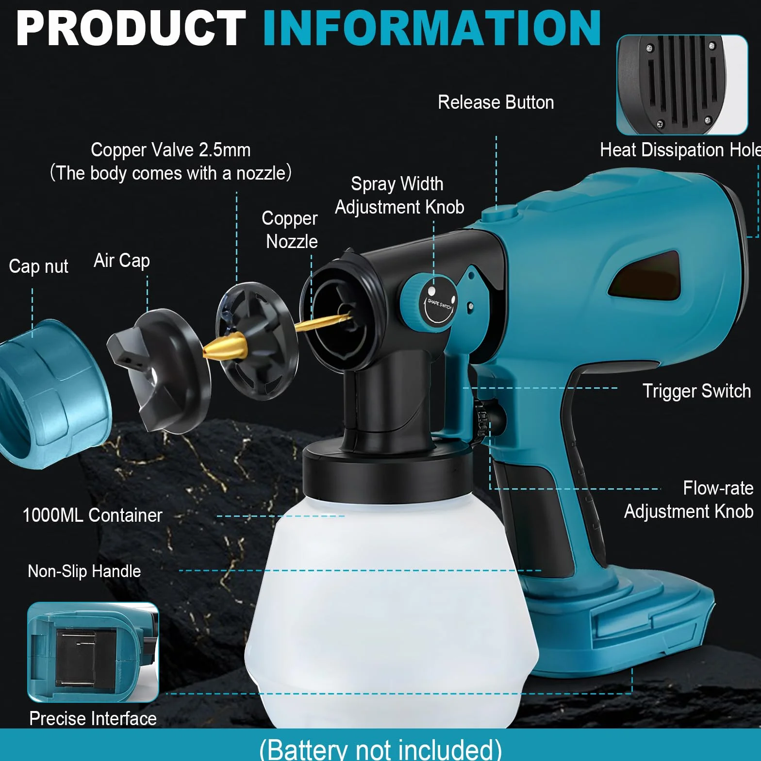 Pulverizador de pintura inalámbrico compatible con batería Makita de 18 V, pistola eléctrica de mano con 4 boquillas, 3 patrones de pulverización, recipiente de 1000 ml, para paredes y muebles