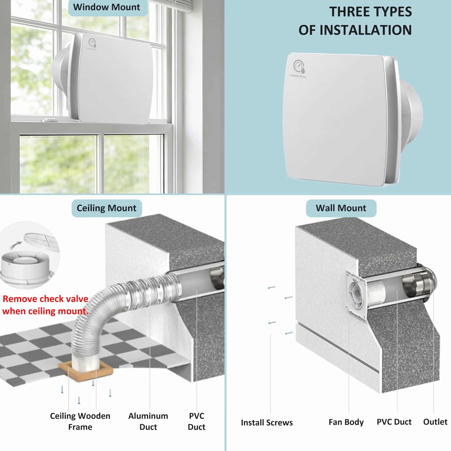 Extractor de aire 150 mm Sensor de temperatura y humedad 25 W 250 m³/h Ventilador de pared con válvula antigolpes, anillo de montaje de ventana, toma para cocina, WC, cuarto de baño