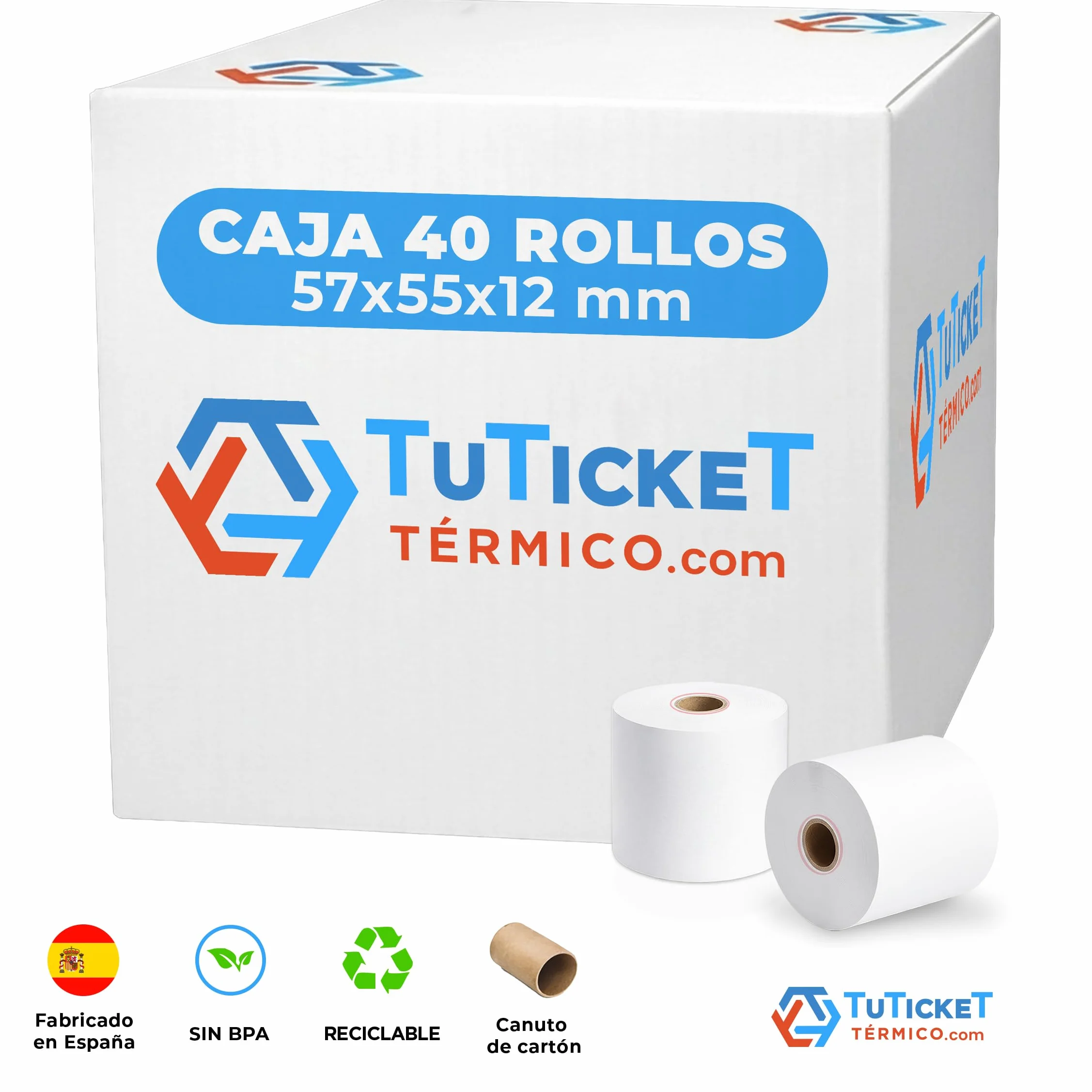 Rollo de Papel Térmico 57x55x12 mm (40 uds) para Caja Registradora, TPV e Impresora Térmica de Ticket con Salida de 57mm de Ancho. Sin Bisphenol A