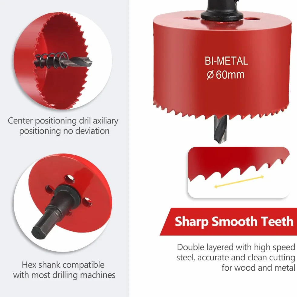 Flintronic Sierra de Corona Bimetálica de 60mm, Sierra de Corona 60mm Diámetro, Broca Perforadora para Madera y Metal, con Adaptador y Broca Piloto, para Aluminio, Aluminio, Hierro, Tubo de Plástico