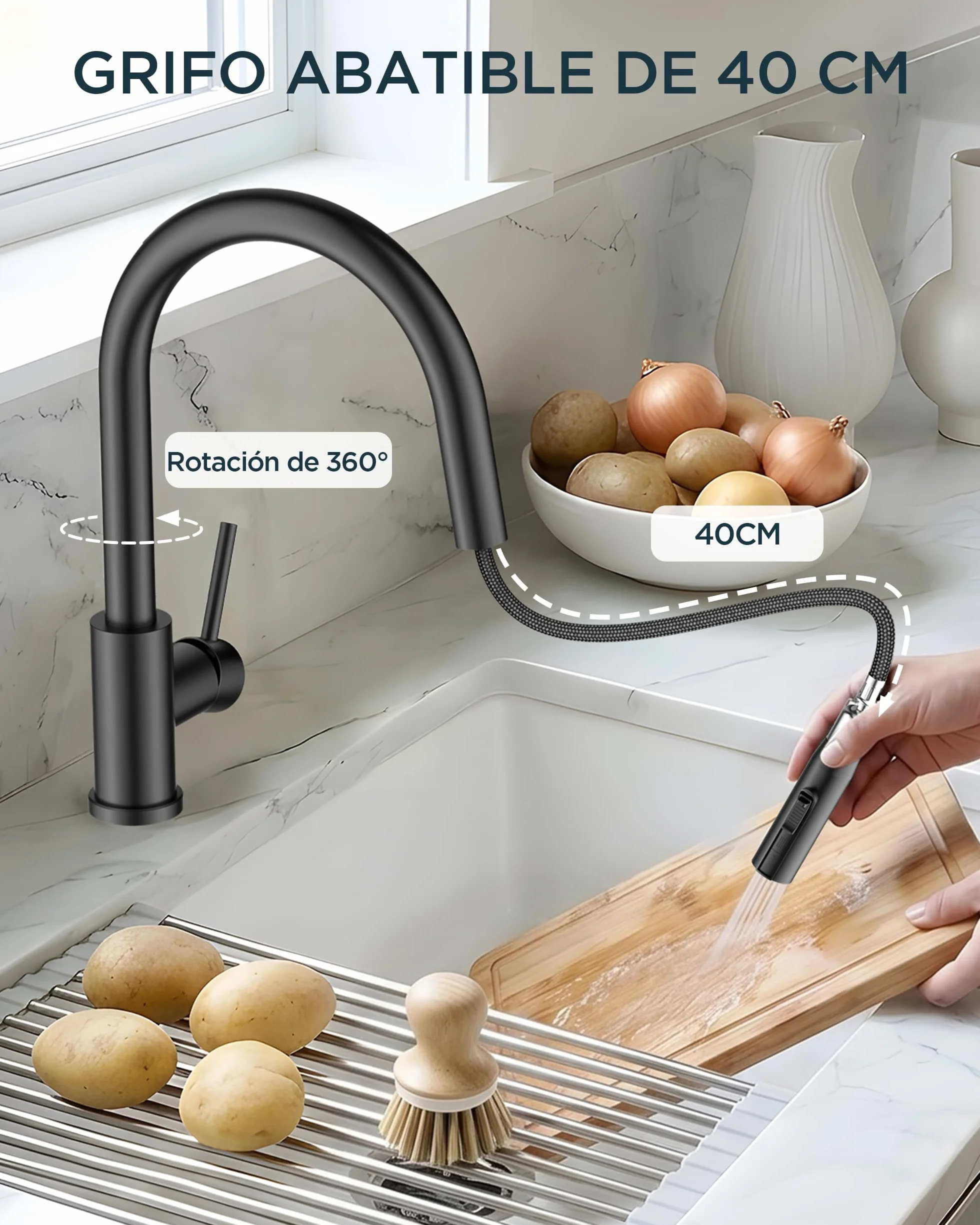 FORIOUS Grifo Cocina, Grifo Cocina Fregadero Extraíble, Torneira Cozinha de Curva Alta con 2 Modos de Rociado, Giro de 360°, Negro Mate