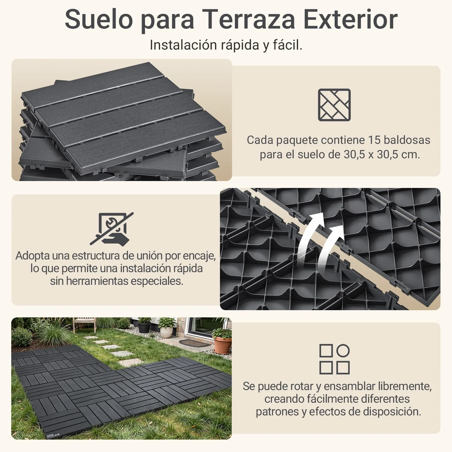 Sobuy Set Suelo Composite Exterior Antideslizante Impermeable 15 Piezas 30.5x30.5x2 cm