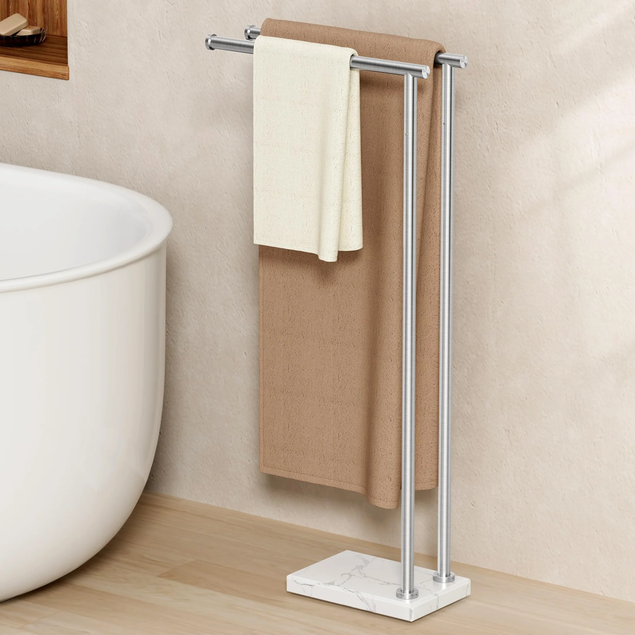 KES Toallero de Baño de Pie Barra Toallas Baño Doble Acero Inoxidable 18/8 Toallero de Barra con 3X Grueso Base de Mármol Cepillado, BTH235-2