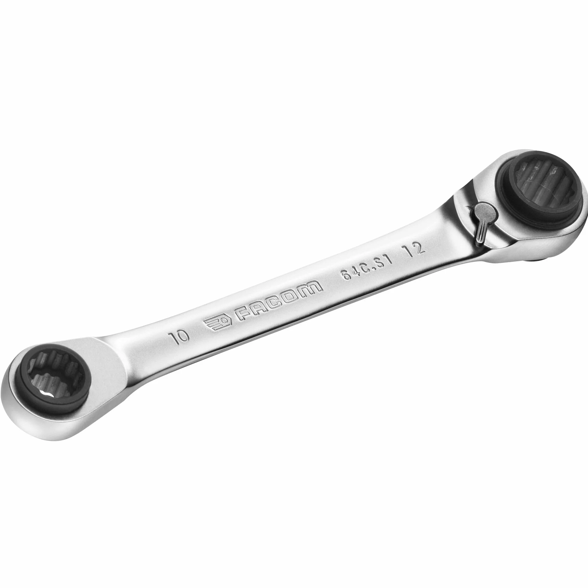FACOM Llave de Estrella Plana con Trinquete 4 en 1 (8x10x12x13 mm), Multi-Dimensiones, Trinquete Compacto y Reversible, Ángulo de Recuperación 5°, Cromada Satinada, 64C.S1