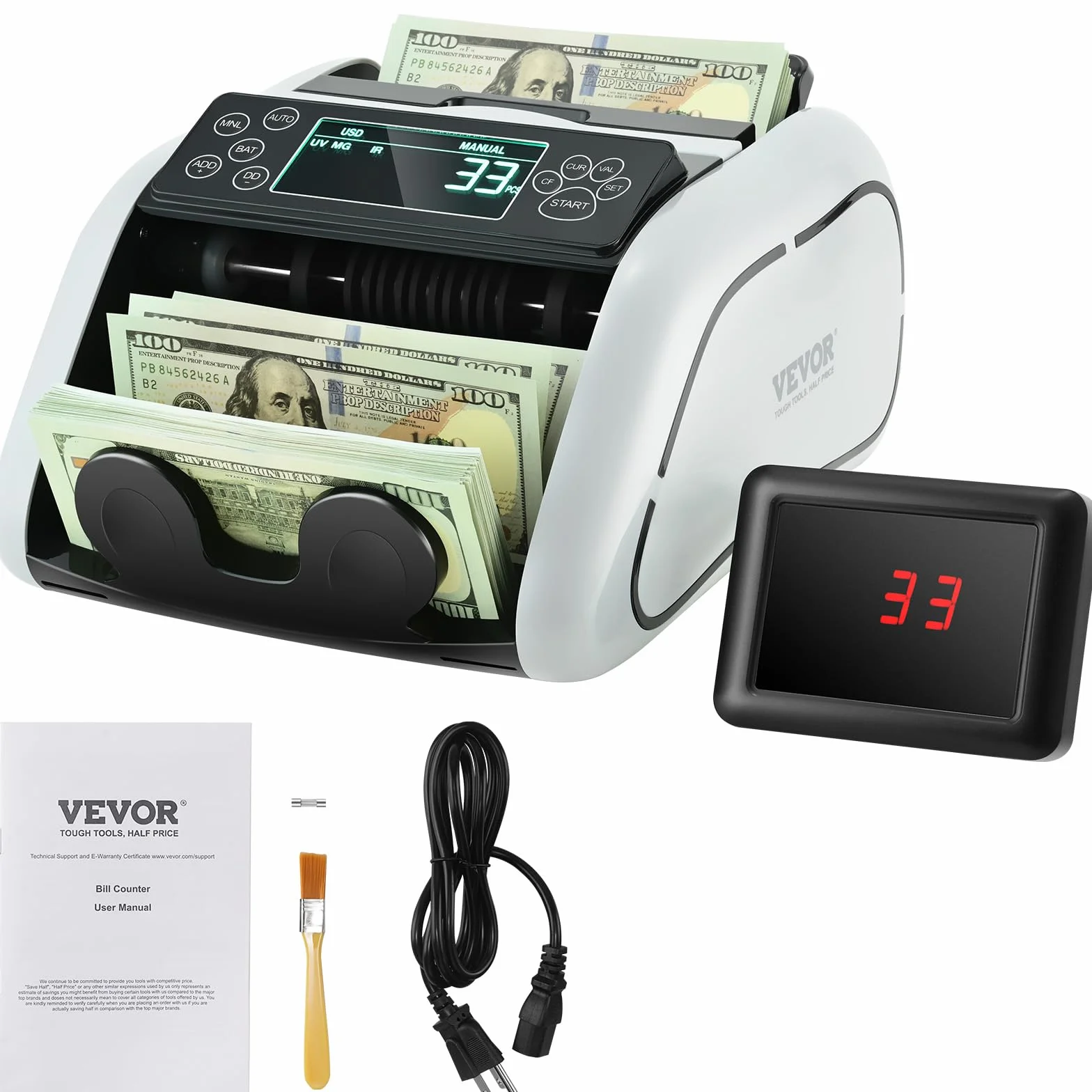 VEVOR Contador de Dinero Contador de Billetes con Detección de Falsificaciones UV, MG, IR y DD, Máquina Contadora de Efectivo en USD y EUR con LCD Grande y Pantalla Externa para Pequeñas Empresas