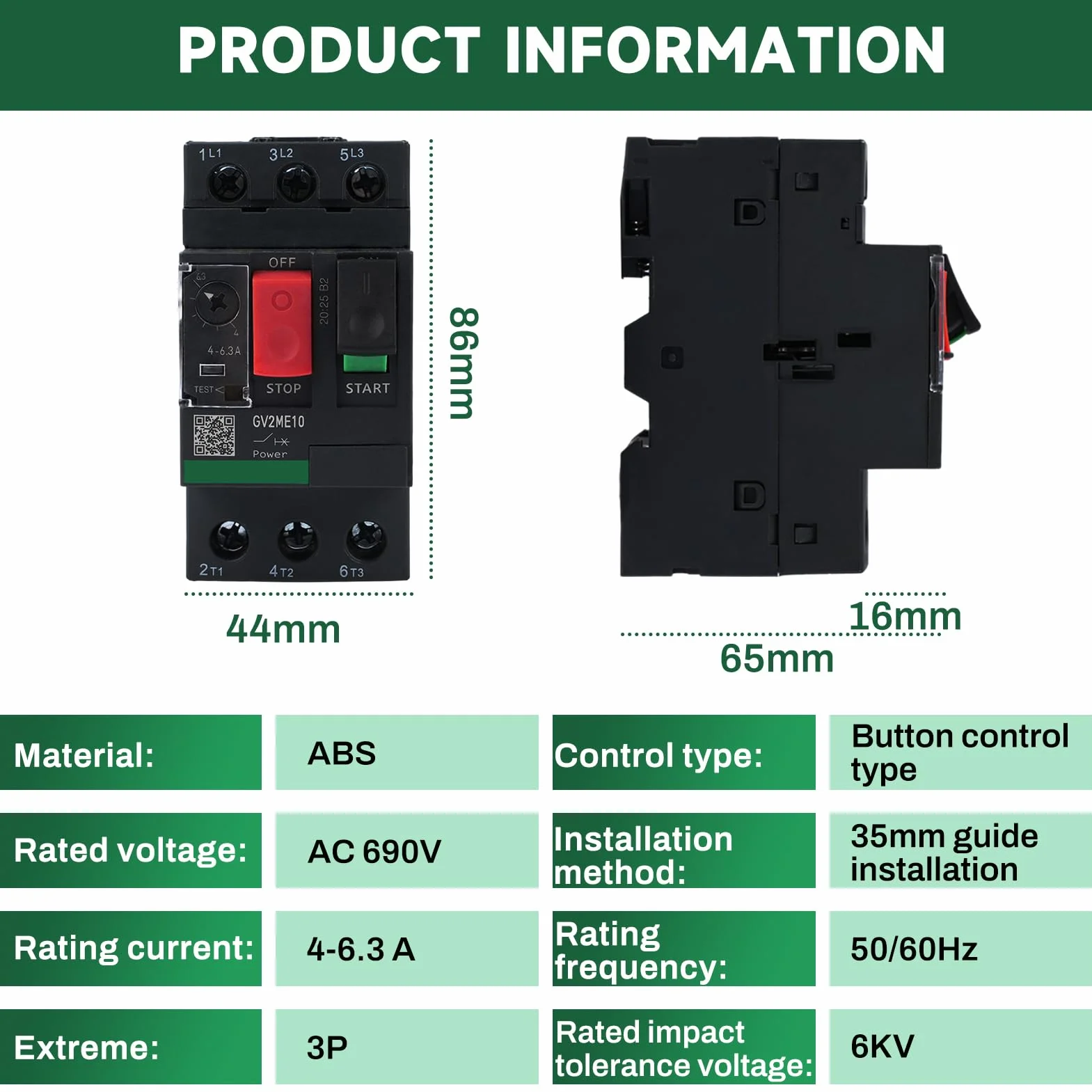 Guarda Motor Monofásico, GV2ME10 Disyuntor Magnetotérmico, 4-6,3 A 690 V AC Interruptor de Protección del Motor, Conexión Por Tornillo
